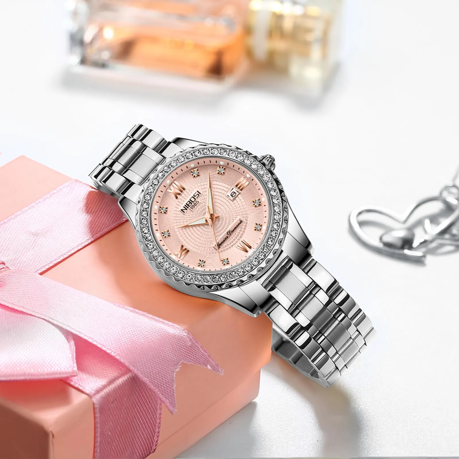 NIBOSI Orologio da polso da donna, orologio da donna analogico al quarzo, oro rosa, quadrante con diamanti, elegante orologio da polso impermeabile per ragazze, bracciale gioiello, Bracciale - immagine 7