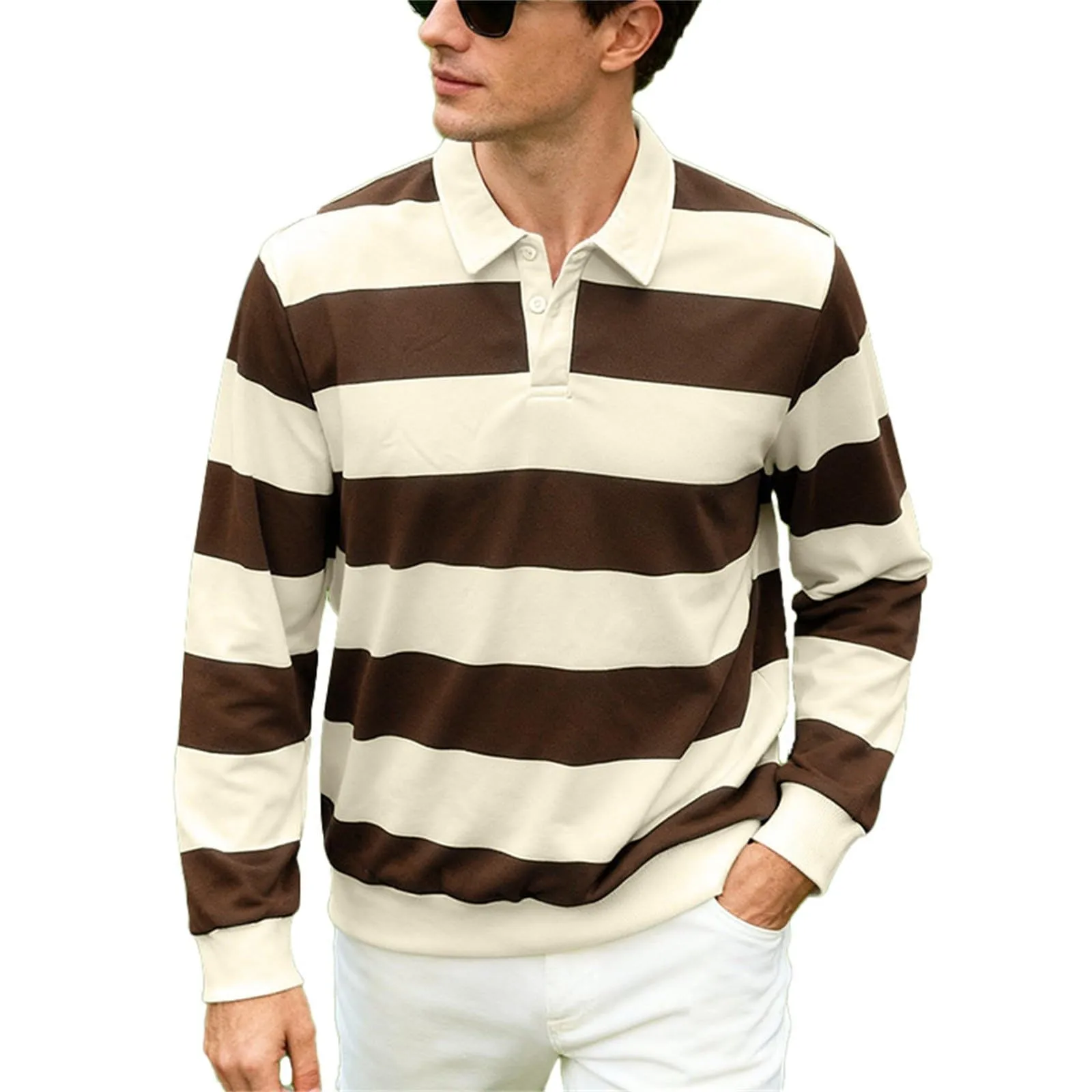 Maglia da rugby a righe da uomo, camicia classica, maglia vintage a maniche lunghe, polo a righe, polo con colletto, t-shirt oversize a maniche lunghe, vestibilità normale, felpa, pullover a blocchi - immagine 1