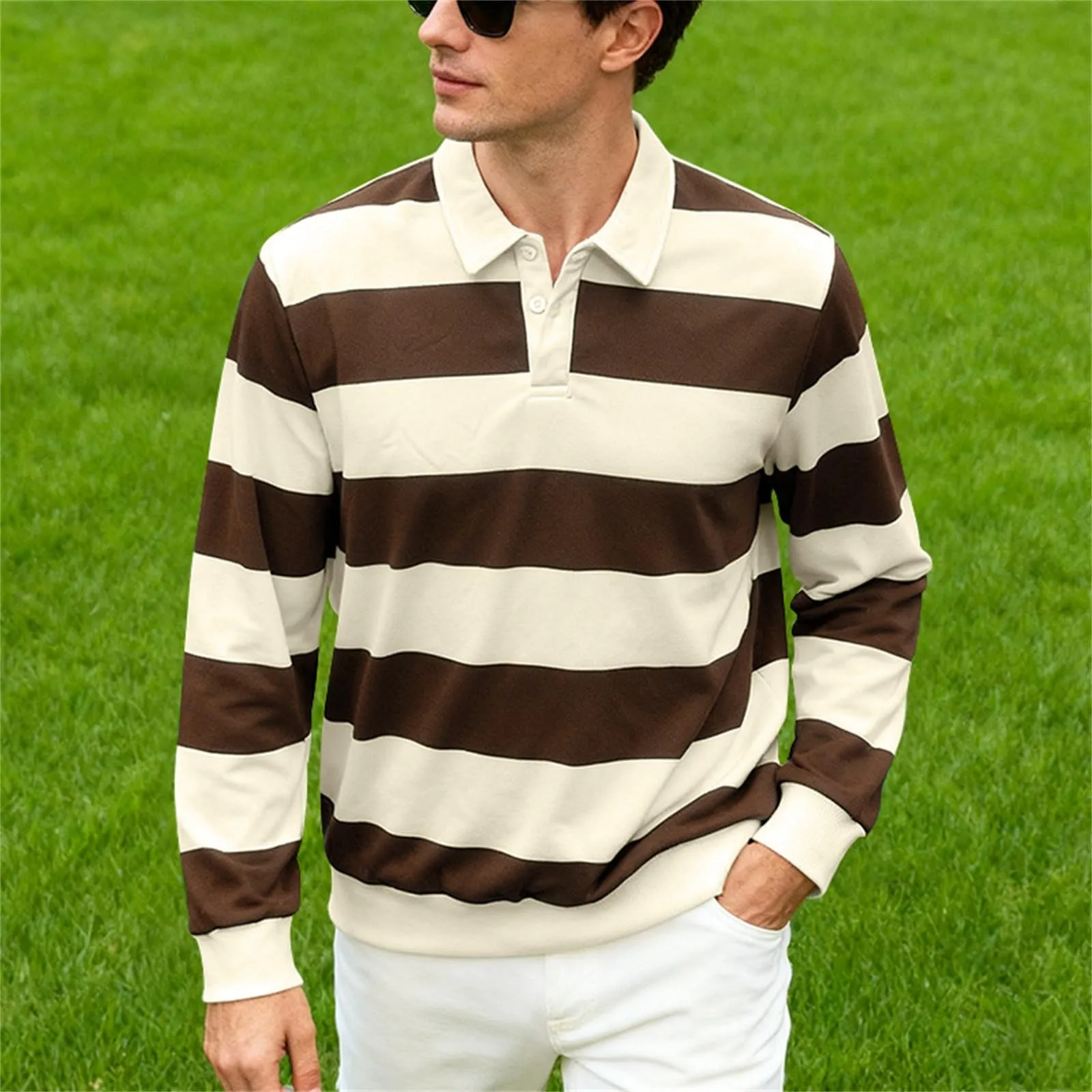 Maglia da rugby a righe da uomo, camicia classica, maglia vintage a maniche lunghe, polo a righe, polo con colletto, t-shirt oversize a maniche lunghe, vestibilità normale, felpa, pullover a blocchi - immagine 3