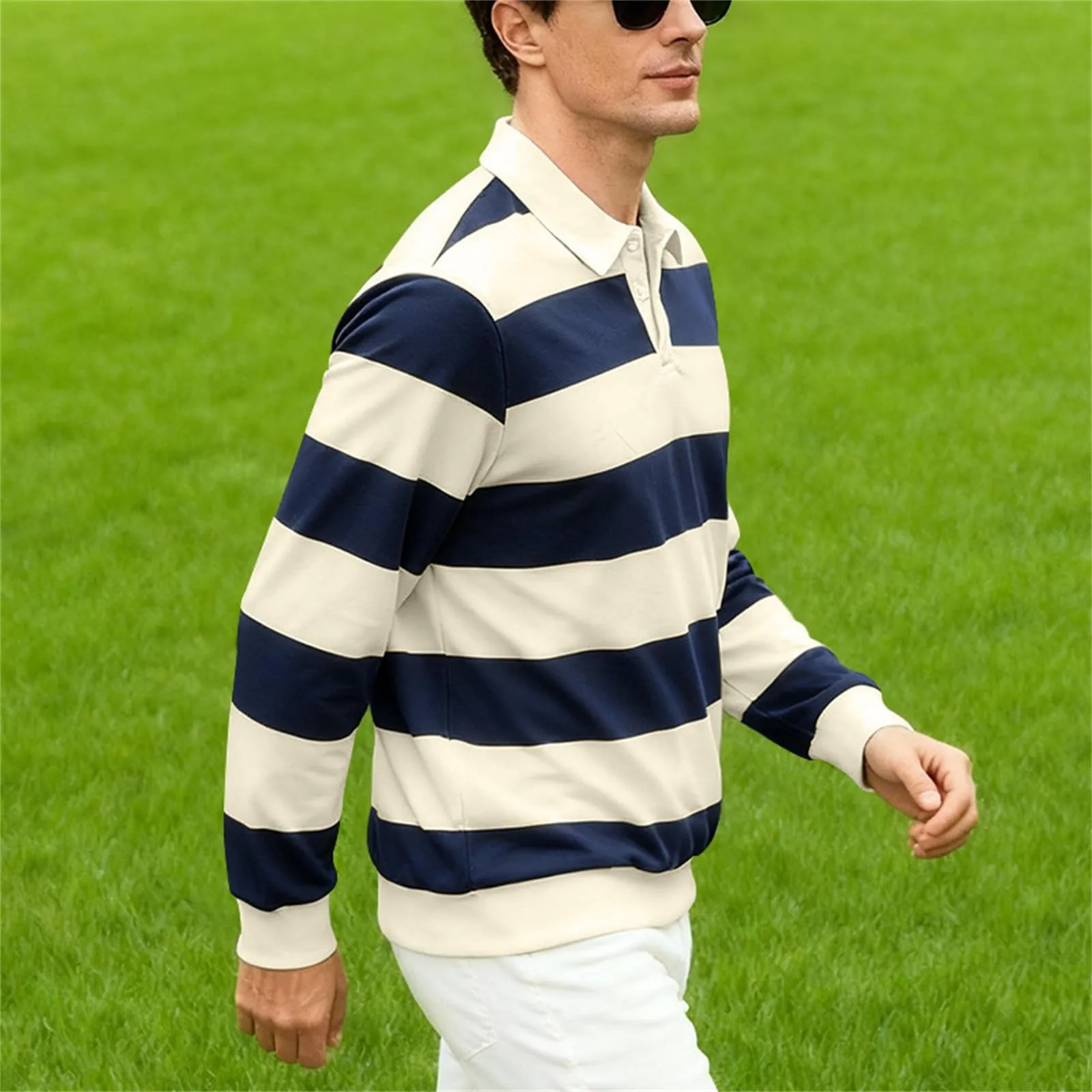 Maglia da rugby a righe da uomo, camicia classica, maglia vintage a maniche lunghe, polo a righe, polo con colletto, t-shirt oversize a maniche lunghe, vestibilità normale, felpa, pullover a blocchi - immagine 6