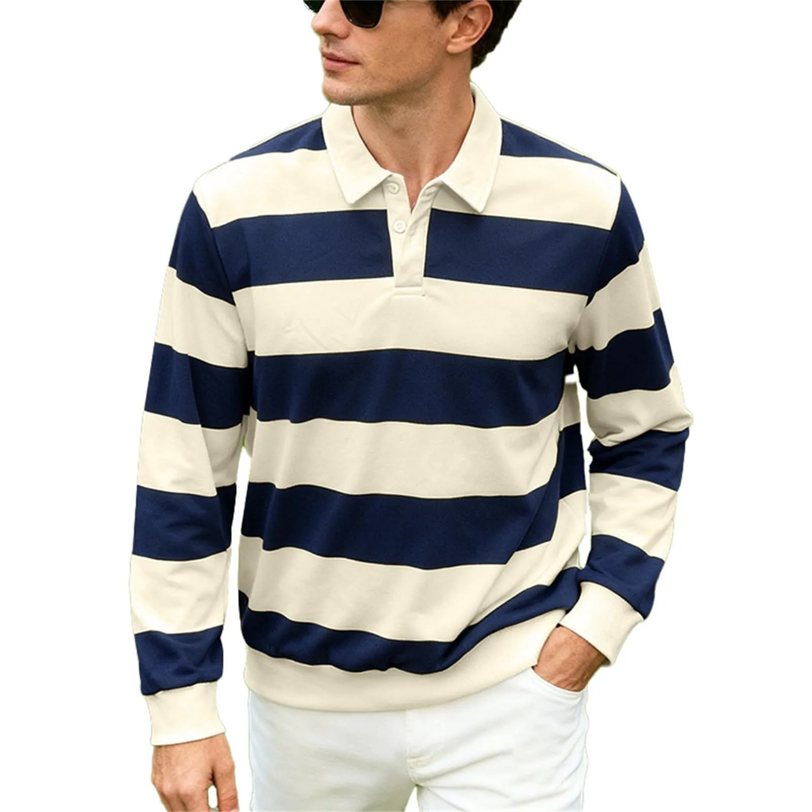 Maglia da rugby a righe da uomo, camicia classica, maglia vintage a maniche lunghe, polo a righe, polo con colletto, t-shirt oversize a maniche lunghe, vestibilità normale, felpa, pullover a blocchi - immagine 1