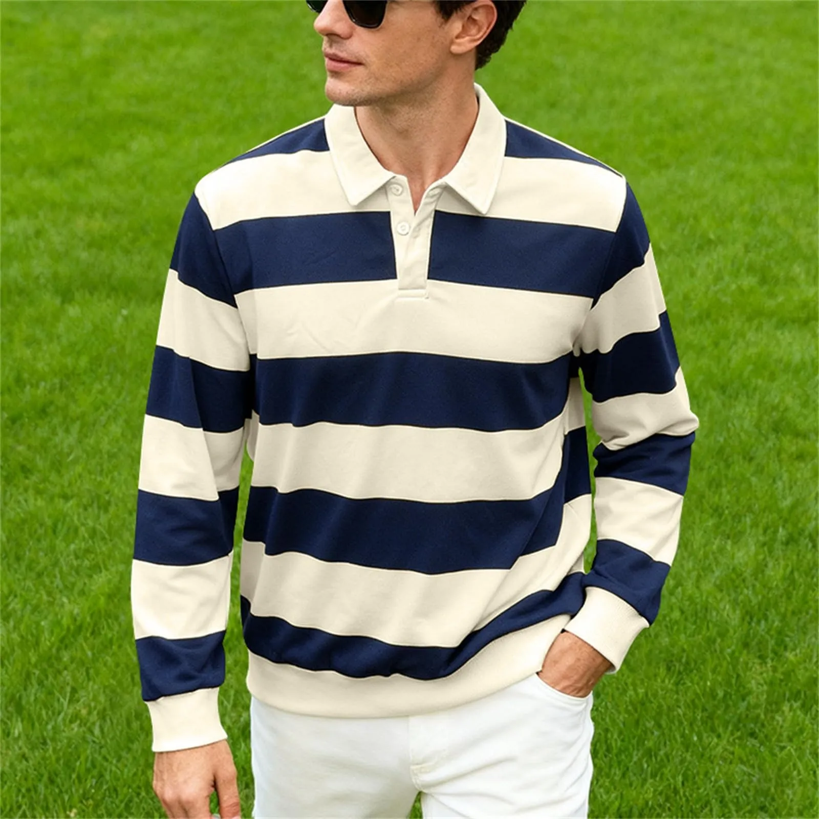 Maglia da rugby a righe da uomo, camicia classica, maglia vintage a maniche lunghe, polo a righe, polo con colletto, t-shirt oversize a maniche lunghe, vestibilità normale, felpa, pullover a blocchi - immagine 3