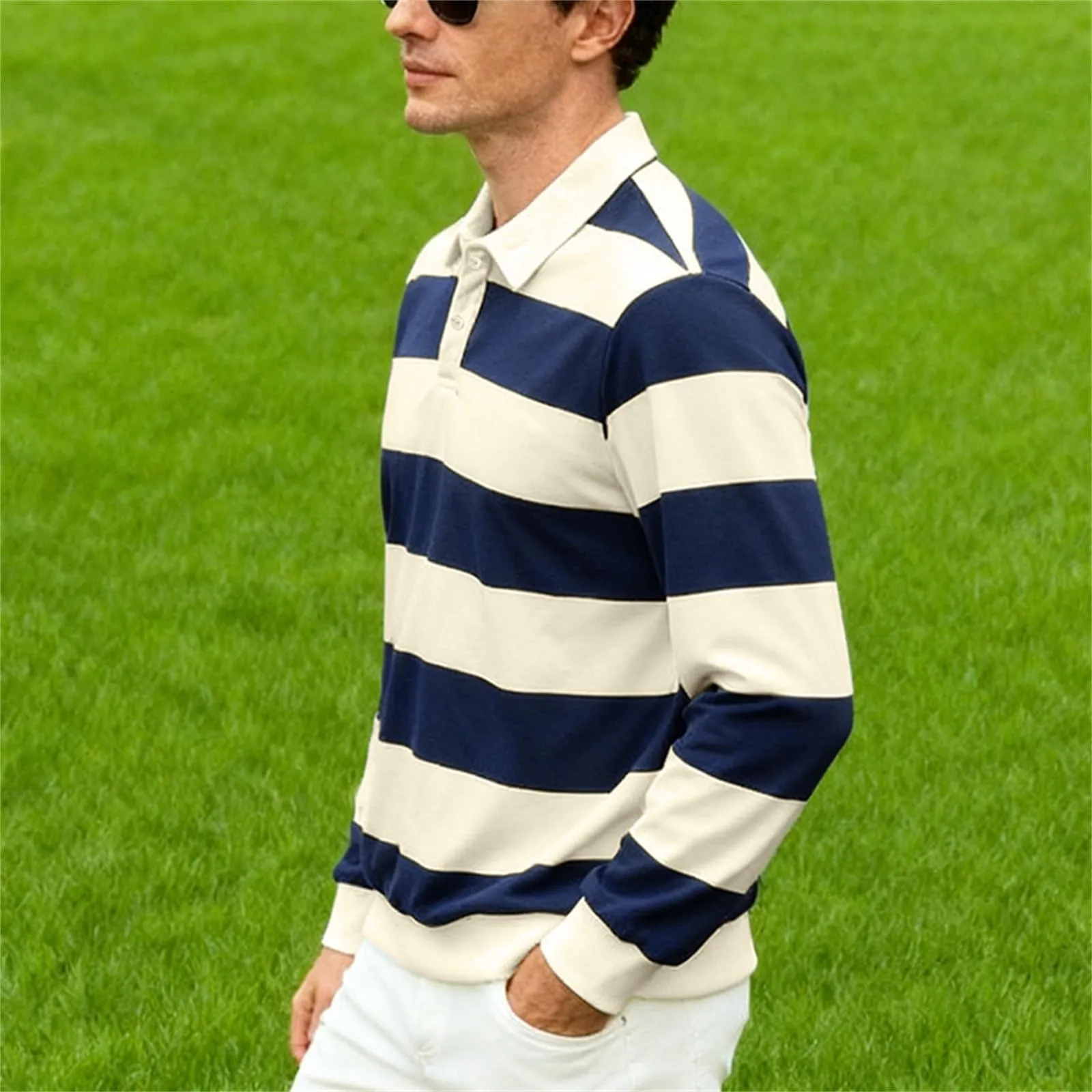 Maglia da rugby a righe da uomo, camicia classica, maglia vintage a maniche lunghe, polo a righe, polo con colletto, t-shirt oversize a maniche lunghe, vestibilità normale, felpa, pullover a blocchi - immagine 5