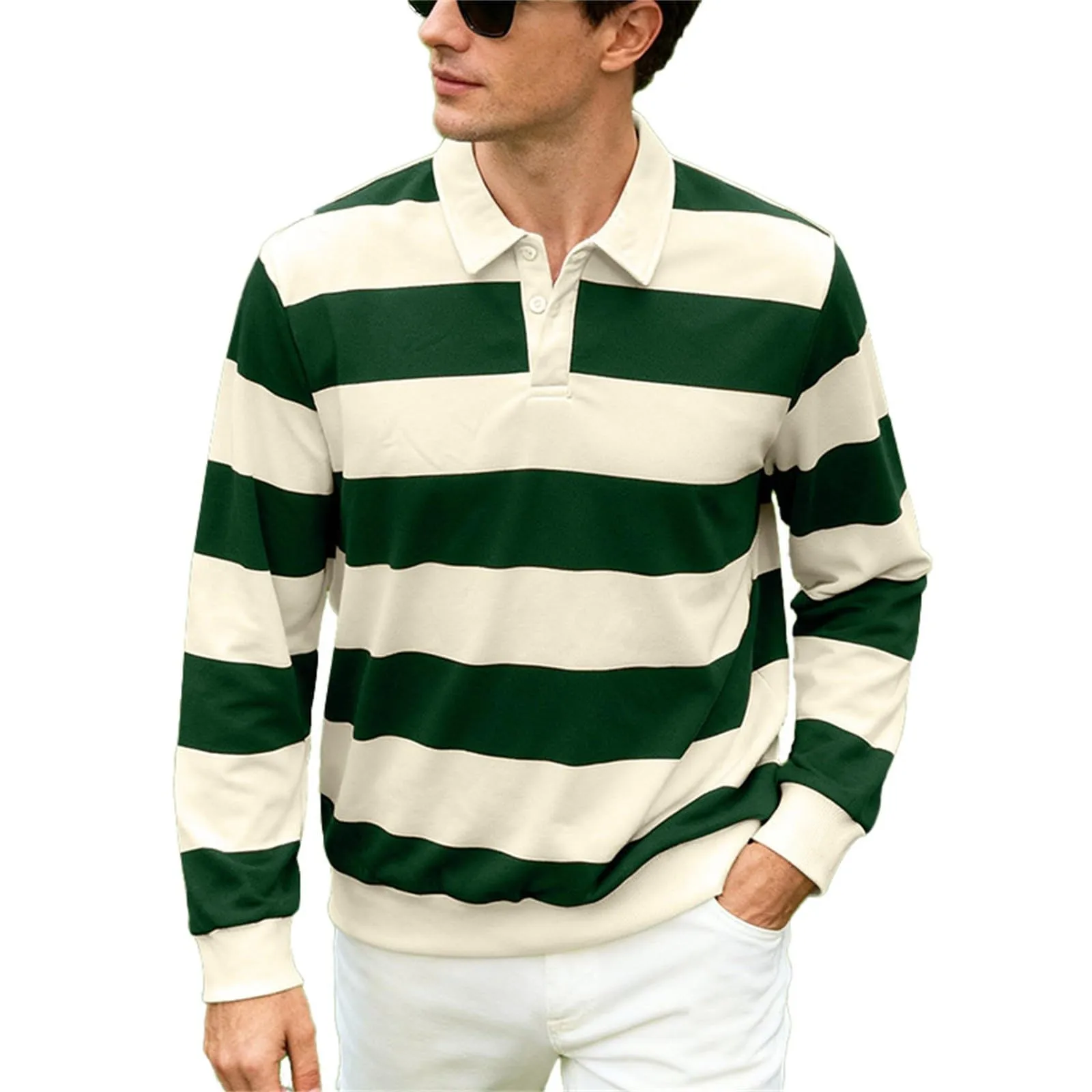 Maglia da rugby a righe da uomo, camicia classica, maglia vintage a maniche lunghe, polo a righe, polo con colletto, t-shirt oversize a maniche lunghe, vestibilità normale, felpa, pullover a blocchi - immagine 1