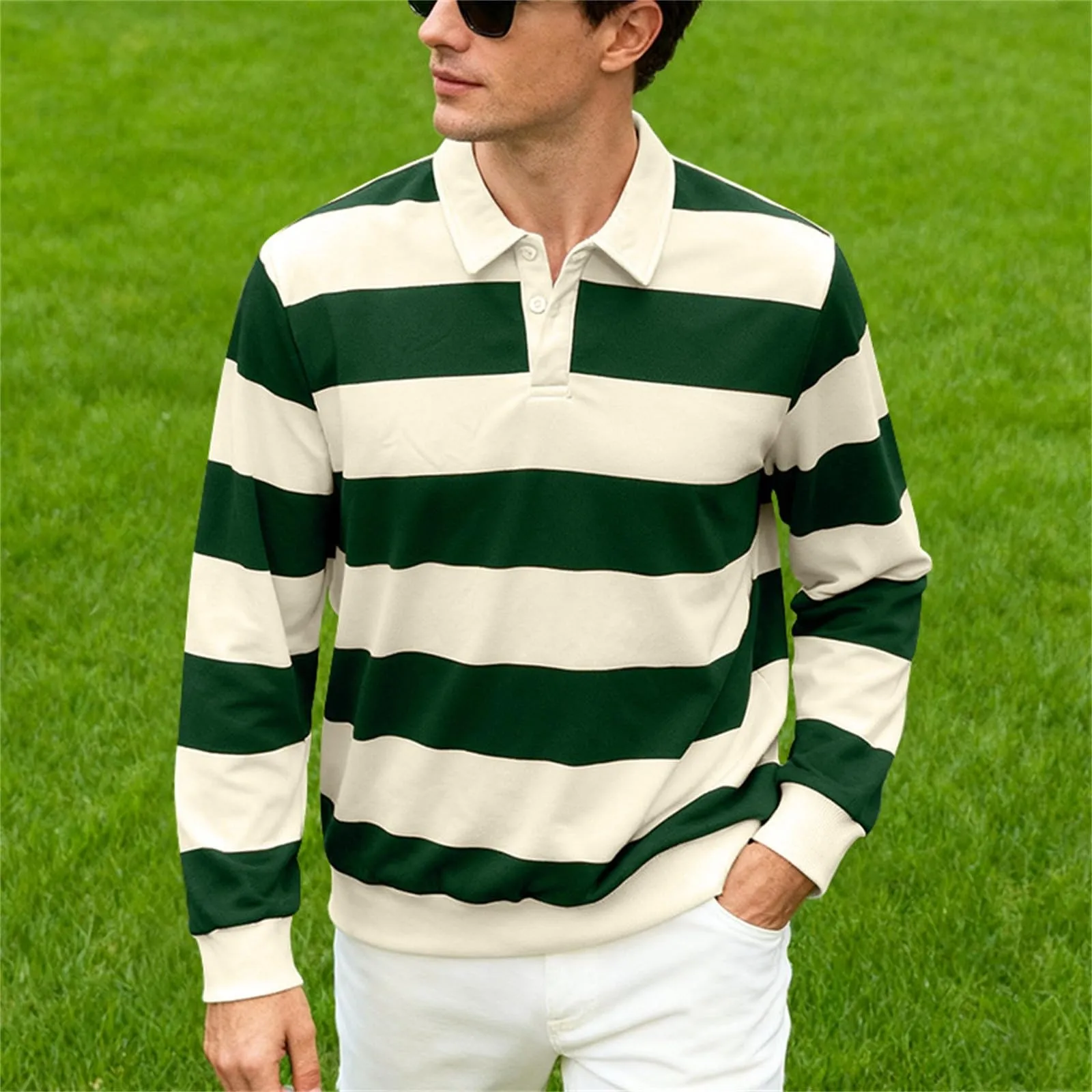Maglia da rugby a righe da uomo, camicia classica, maglia vintage a maniche lunghe, polo a righe, polo con colletto, t-shirt oversize a maniche lunghe, vestibilità normale, felpa, pullover a blocchi - immagine 3