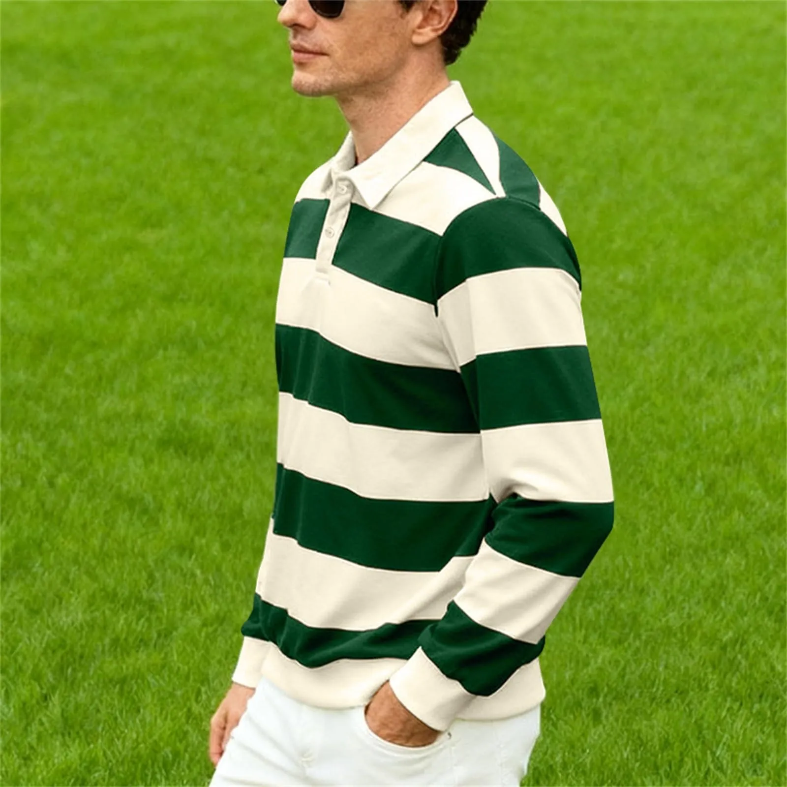 Maglia da rugby a righe da uomo, camicia classica, maglia vintage a maniche lunghe, polo a righe, polo con colletto, t-shirt oversize a maniche lunghe, vestibilità normale, felpa, pullover a blocchi - immagine 5