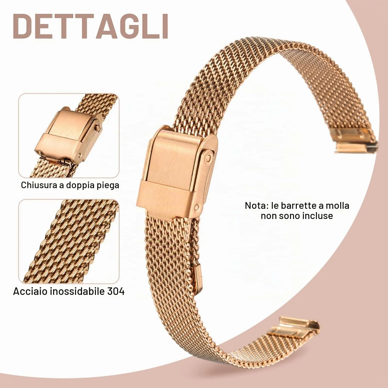 QUARKZMAN Cinturino Orologio in Maglia Acciaio Inossidabile 10mm Cinturini Orologio in Metallo Sgancio Rapido Regolabile Sostitutivo Smartwatch Per Donna, Oro Rosa - immagine 3