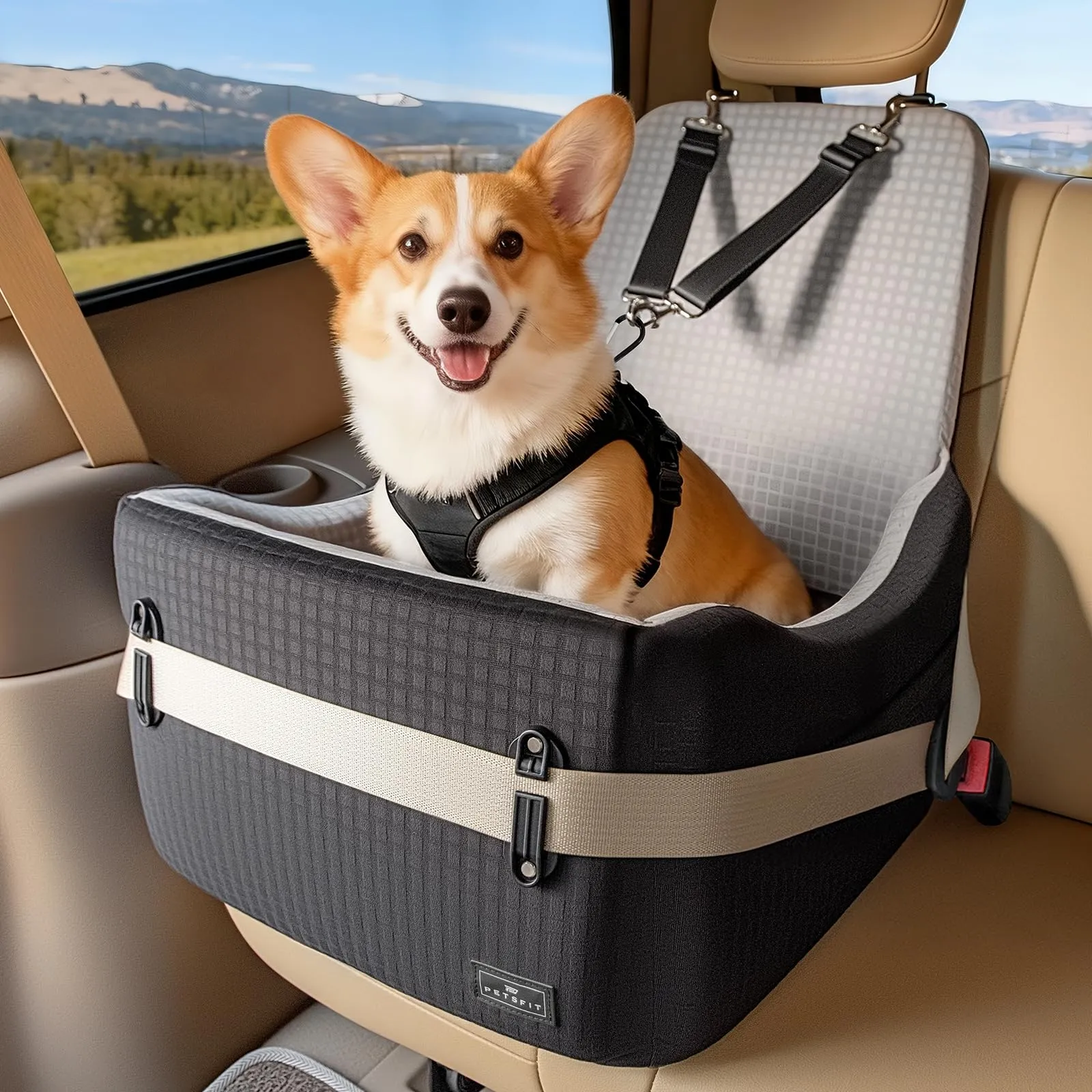 PETSFIT Seggiolino Auto per Cani di Taglia Piccola/Media fino a 15 kg – Sistema di Sicurezza Brevettato, Rialzo con Memory Foam da 13 cm, Sfoderabile e Lavabile, 2 Tasche Portaoggetti (Nero & Grigio) - immagine 1