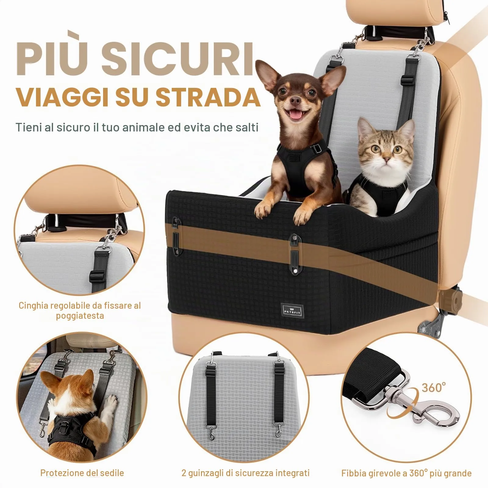 PETSFIT Seggiolino Auto per Cani di Taglia Piccola/Media fino a 15 kg – Sistema di Sicurezza Brevettato, Rialzo con Memory Foam da 13 cm, Sfoderabile e Lavabile, 2 Tasche Portaoggetti (Nero & Grigio) - immagine 2
