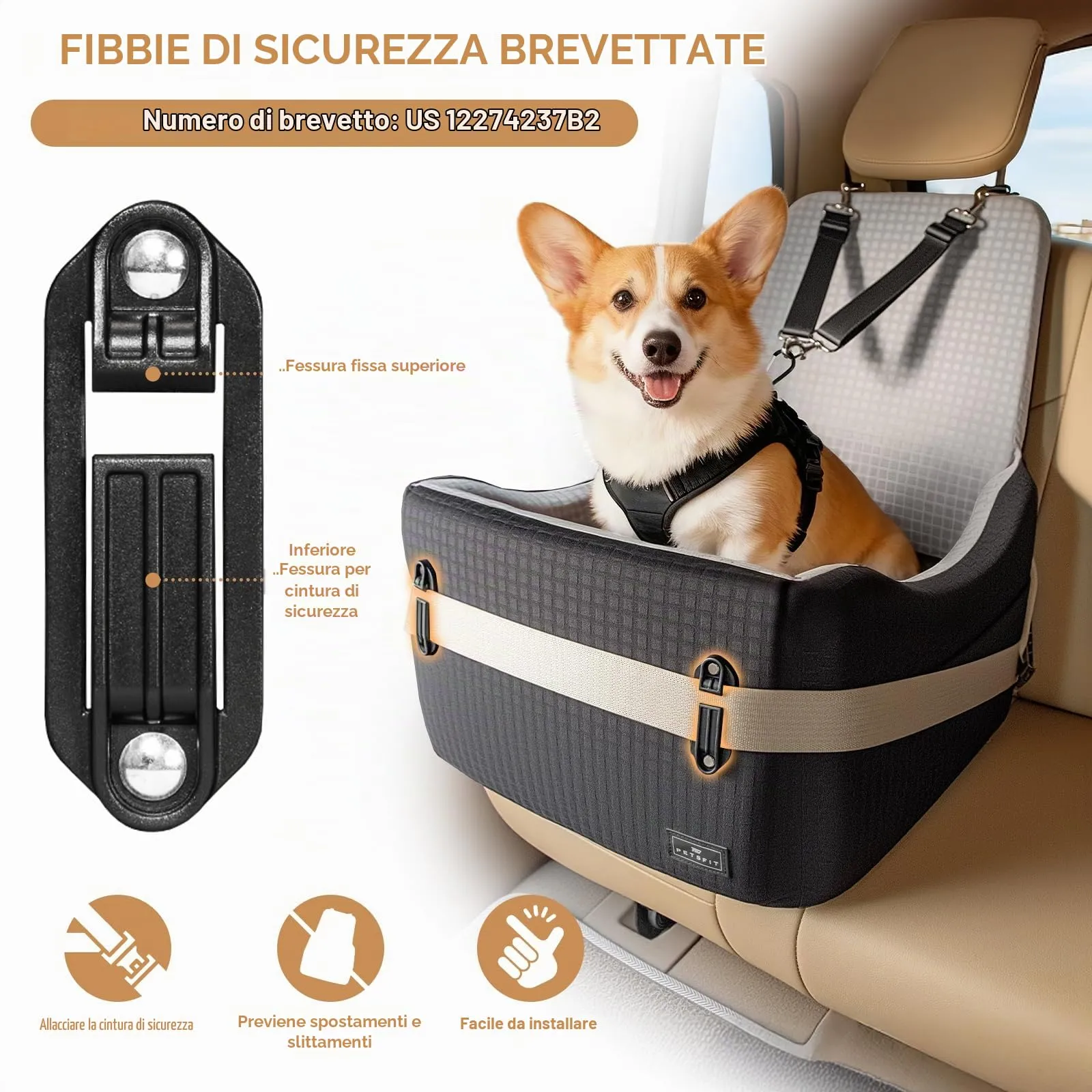 PETSFIT Seggiolino Auto per Cani di Taglia Piccola/Media fino a 15 kg – Sistema di Sicurezza Brevettato, Rialzo con Memory Foam da 13 cm, Sfoderabile e Lavabile, 2 Tasche Portaoggetti (Nero & Grigio) - immagine 3