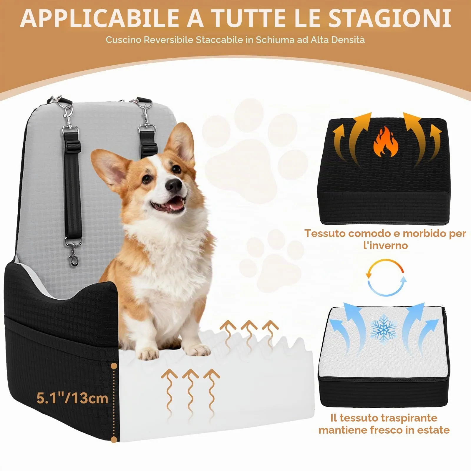 PETSFIT Seggiolino Auto per Cani di Taglia Piccola/Media fino a 15 kg – Sistema di Sicurezza Brevettato, Rialzo con Memory Foam da 13 cm, Sfoderabile e Lavabile, 2 Tasche Portaoggetti (Nero & Grigio) - immagine 4