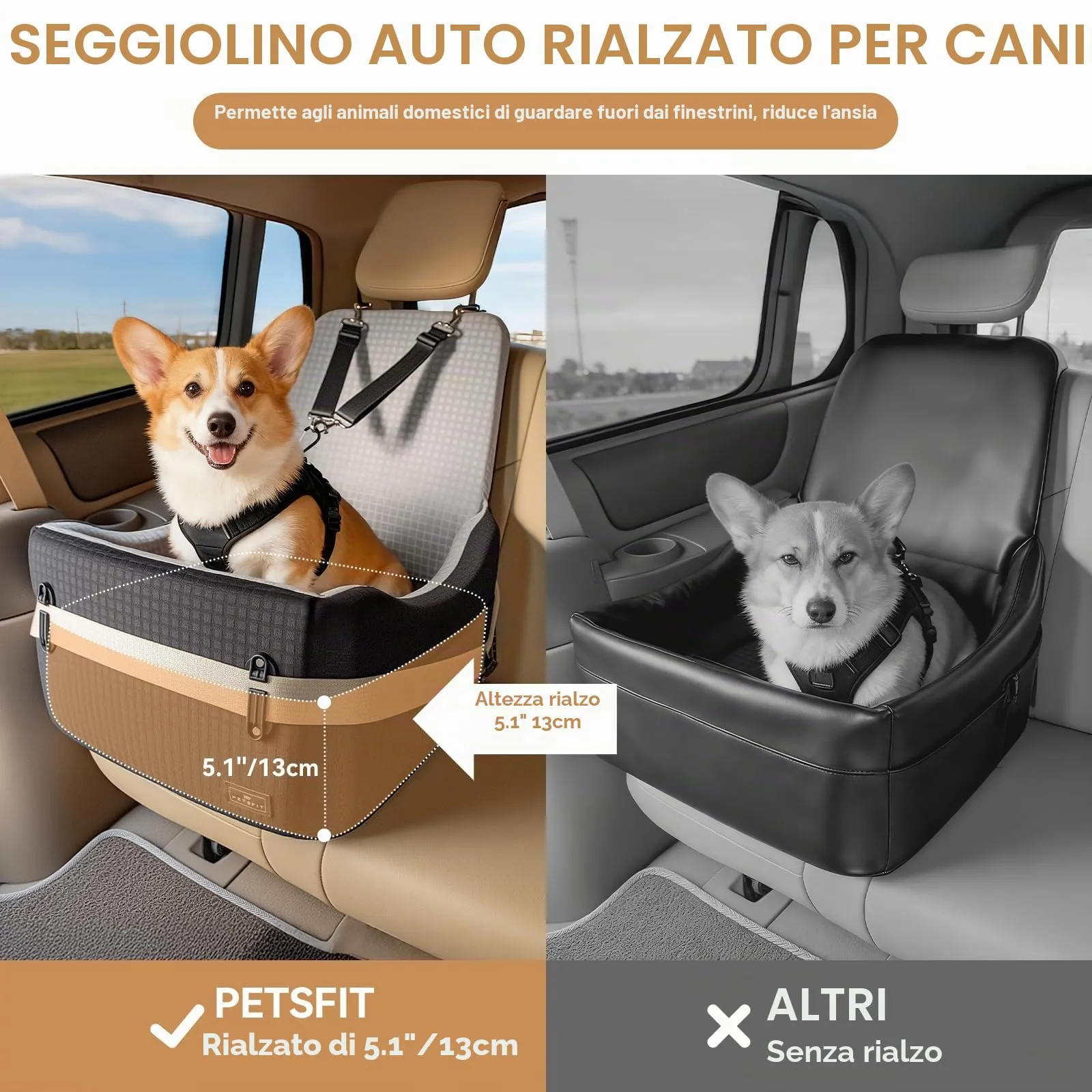 PETSFIT Seggiolino Auto per Cani di Taglia Piccola/Media fino a 15 kg – Sistema di Sicurezza Brevettato, Rialzo con Memory Foam da 13 cm, Sfoderabile e Lavabile, 2 Tasche Portaoggetti (Nero & Grigio) - immagine 5
