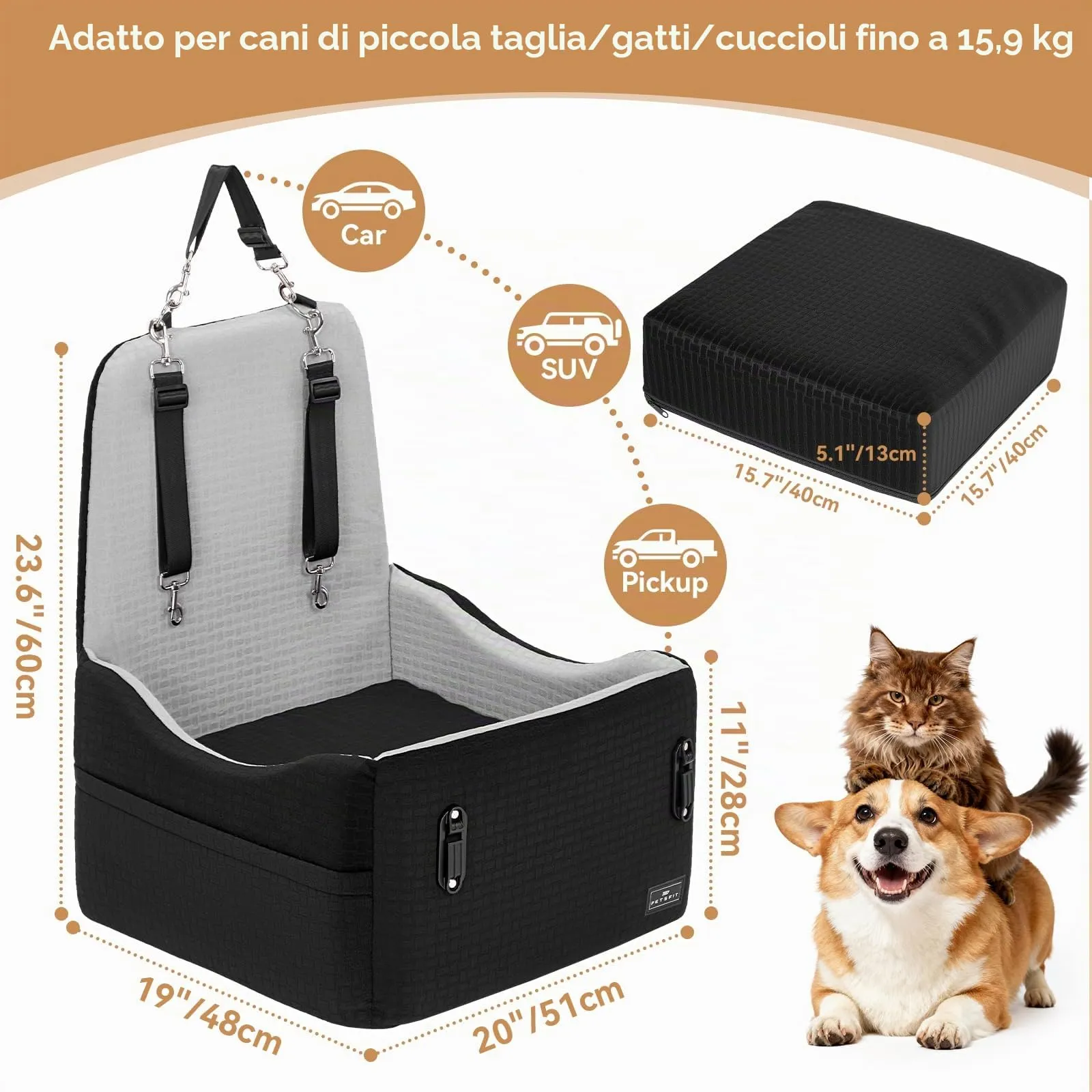 PETSFIT Seggiolino Auto per Cani di Taglia Piccola/Media fino a 15 kg – Sistema di Sicurezza Brevettato, Rialzo con Memory Foam da 13 cm, Sfoderabile e Lavabile, 2 Tasche Portaoggetti (Nero & Grigio) - immagine 6