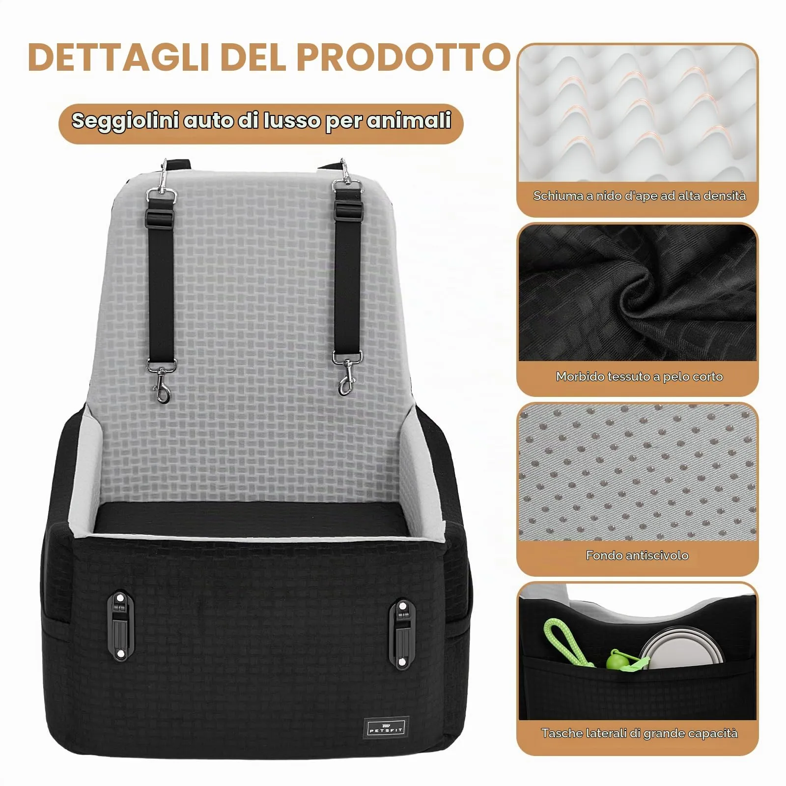 PETSFIT Seggiolino Auto per Cani di Taglia Piccola/Media fino a 15 kg – Sistema di Sicurezza Brevettato, Rialzo con Memory Foam da 13 cm, Sfoderabile e Lavabile, 2 Tasche Portaoggetti (Nero & Grigio) - immagine 8