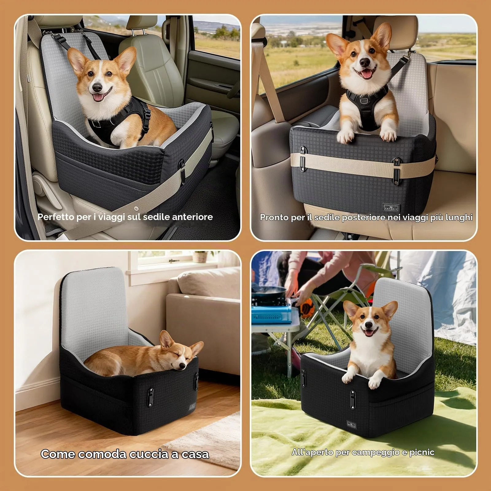 PETSFIT Seggiolino Auto per Cani di Taglia Piccola/Media fino a 15 kg – Sistema di Sicurezza Brevettato, Rialzo con Memory Foam da 13 cm, Sfoderabile e Lavabile, 2 Tasche Portaoggetti (Nero & Grigio) - immagine 9