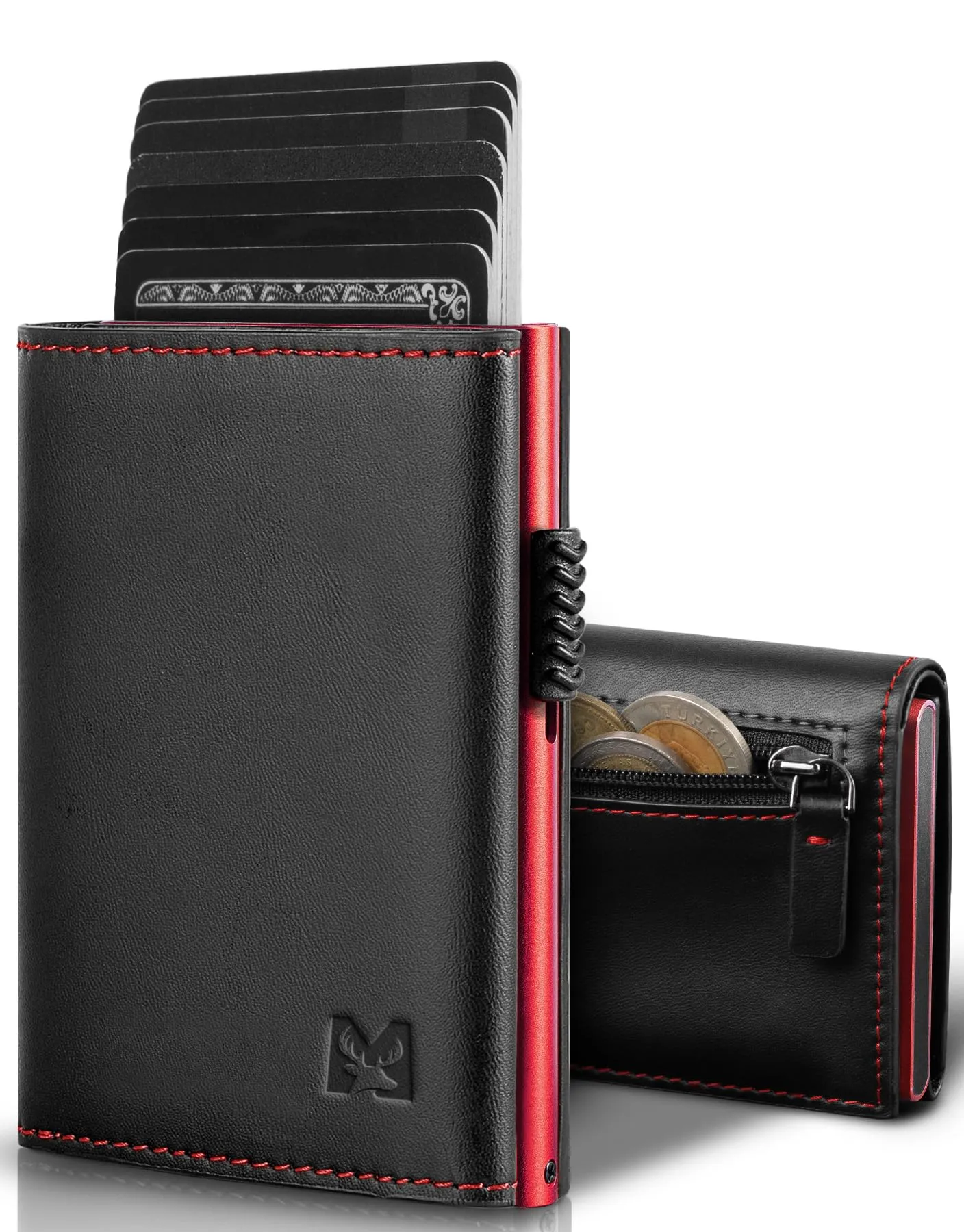 MYSHION Portafoglio Pop-Up da Uomo con Tasca per Monete, Portafoglio Trifold con Finestra ID, Porta Carte RFID Intelligente con 6 Scomparti per Fino a 11 Carte (Nero Rosso) - immagine 1