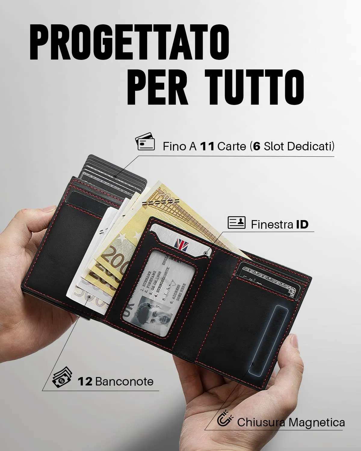 MYSHION Portafoglio Pop-Up da Uomo con Tasca per Monete, Portafoglio Trifold con Finestra ID, Porta Carte RFID Intelligente con 6 Scomparti per Fino a 11 Carte (Nero Rosso) - immagine 3