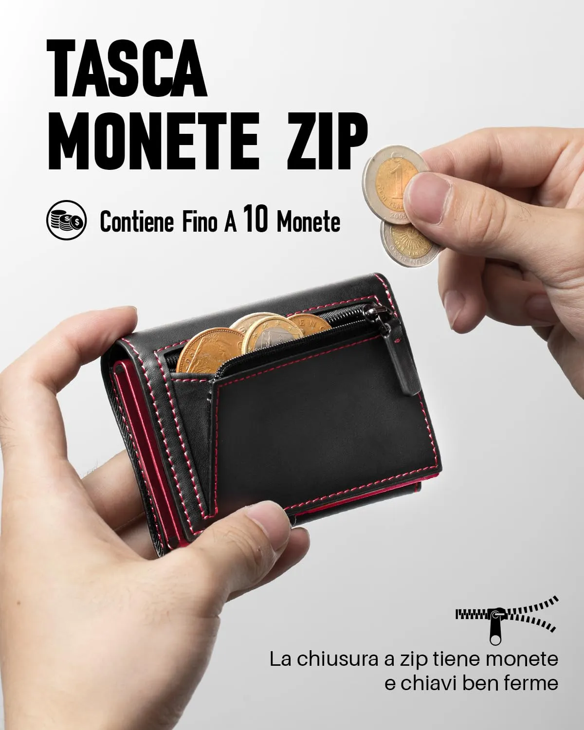 MYSHION Portafoglio Pop-Up da Uomo con Tasca per Monete, Portafoglio Trifold con Finestra ID, Porta Carte RFID Intelligente con 6 Scomparti per Fino a 11 Carte (Nero Rosso) - immagine 4