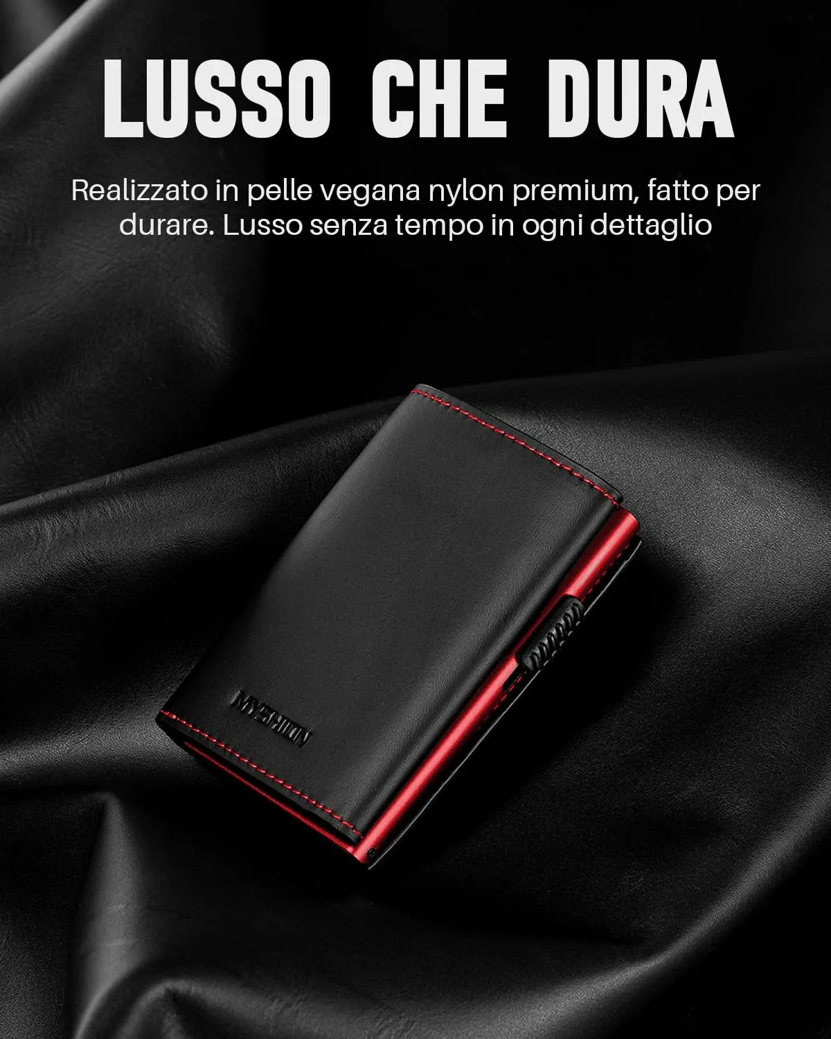 MYSHION Portafoglio Pop-Up da Uomo con Tasca per Monete, Portafoglio Trifold con Finestra ID, Porta Carte RFID Intelligente con 6 Scomparti per Fino a 11 Carte (Nero Rosso) - immagine 8