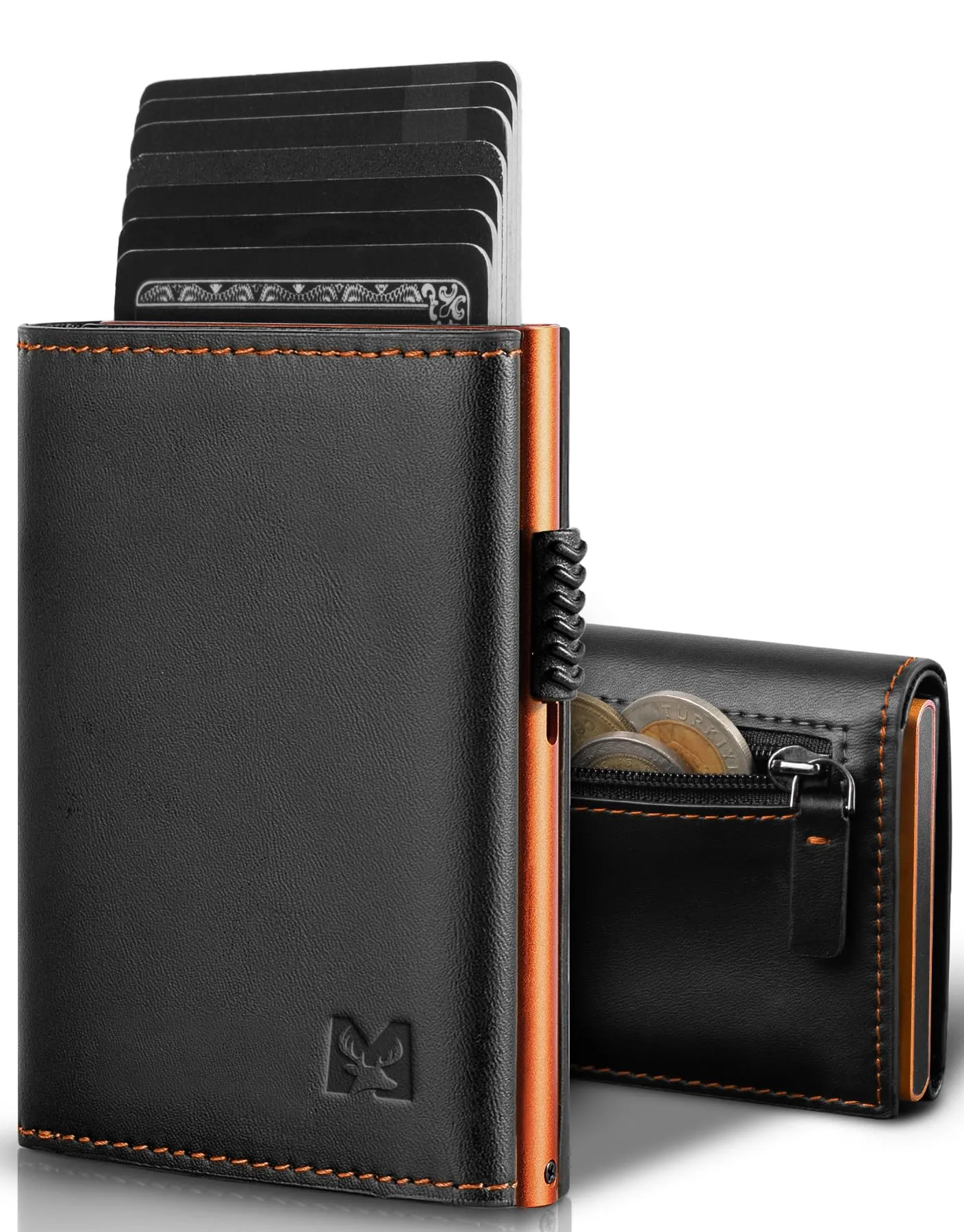 MYSHION Portafoglio Pop-Up da Uomo con Tasca per Monete, Portafoglio Trifold con Finestra ID, Porta Carte RFID Intelligente con 6 Scomparti per Fino a 11 Carte (Nero Arancione) - immagine 1