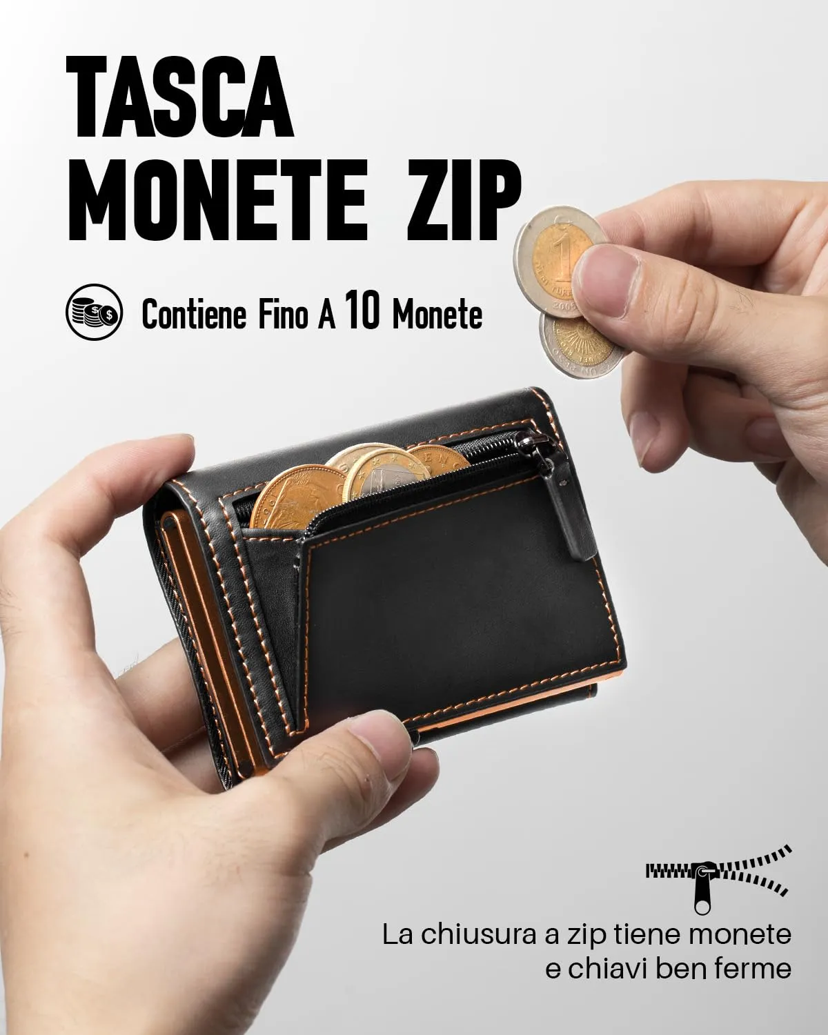 MYSHION Portafoglio Pop-Up da Uomo con Tasca per Monete, Portafoglio Trifold con Finestra ID, Porta Carte RFID Intelligente con 6 Scomparti per Fino a 11 Carte (Nero Arancione) - immagine 4