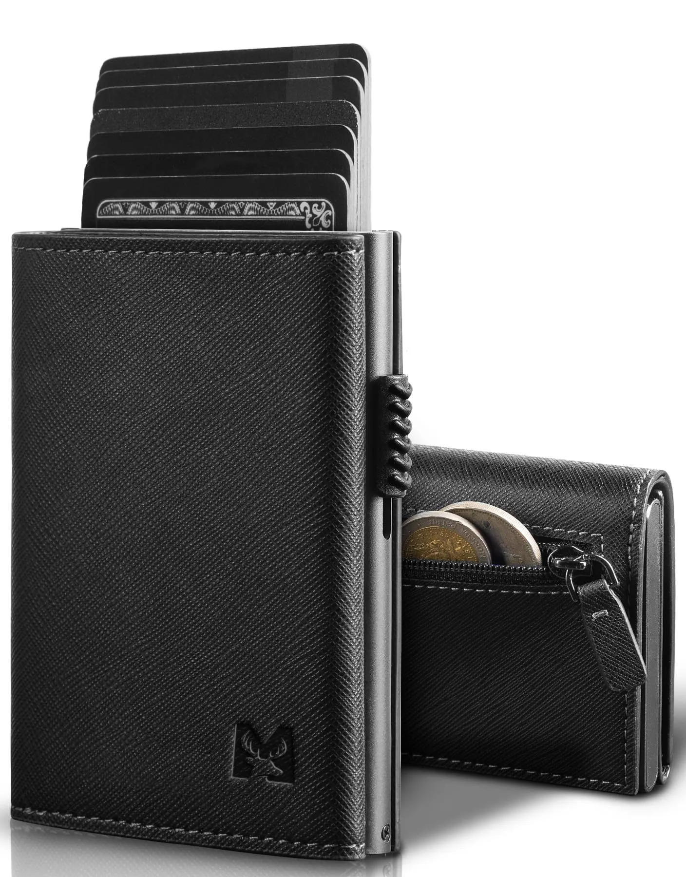MYSHION Portafoglio Pop-Up da Uomo con Tasca per Monete, Portafoglio Trifold con Finestra ID, Porta Carte RFID Intelligente con 6 Scomparti per Fino a 11 Carte (Nero Testurizzato) - immagine 1