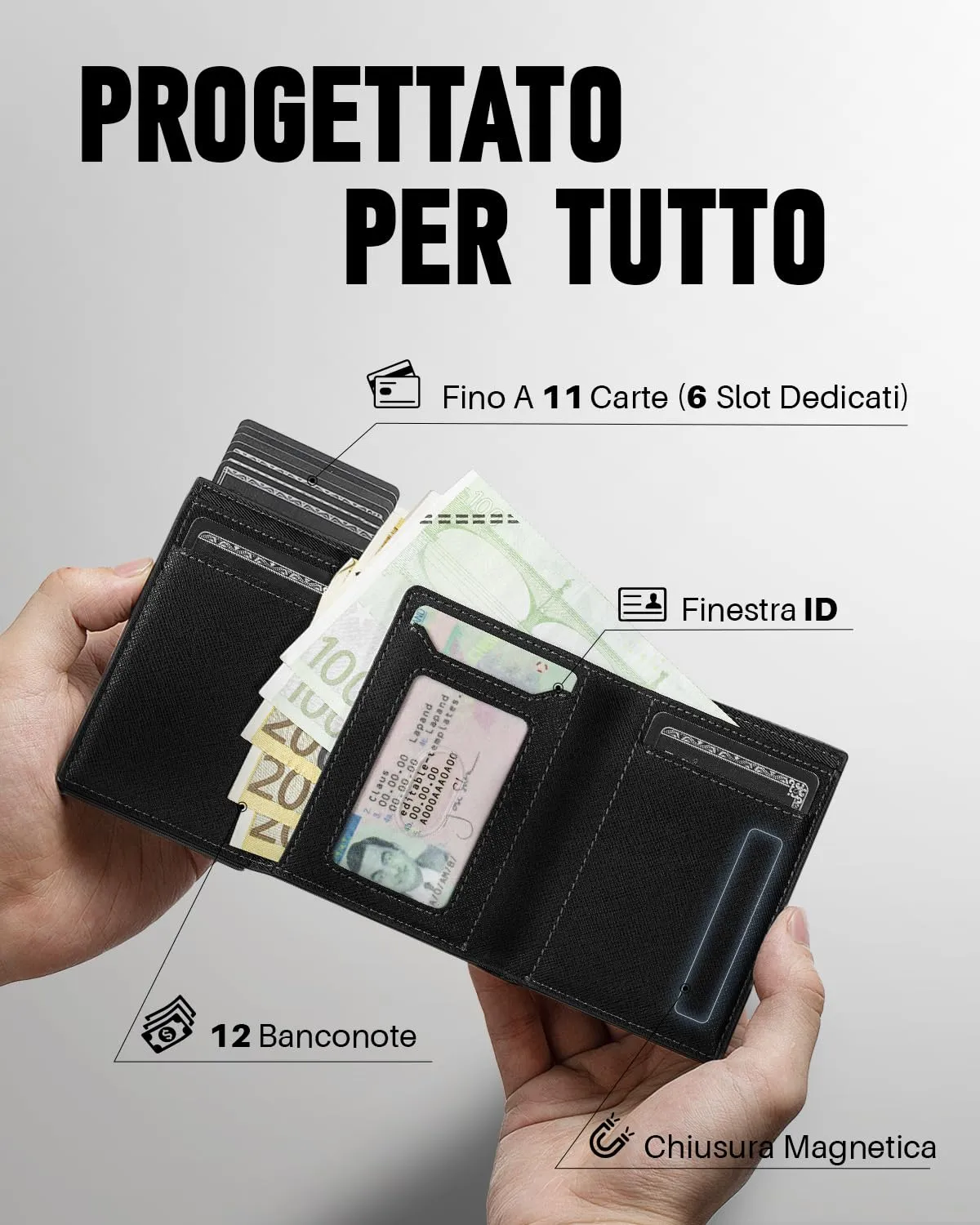 MYSHION Portafoglio Pop-Up da Uomo con Tasca per Monete, Portafoglio Trifold con Finestra ID, Porta Carte RFID Intelligente con 6 Scomparti per Fino a 11 Carte (Nero Testurizzato) - immagine 3