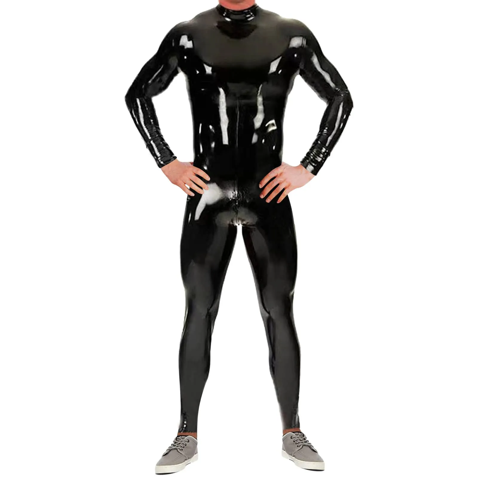 Generico Tuta Intera da Uomo in Pelle Verniciata Lucida Design Completo Aderente in Lattice Sexy con Cerniera - immagine 2