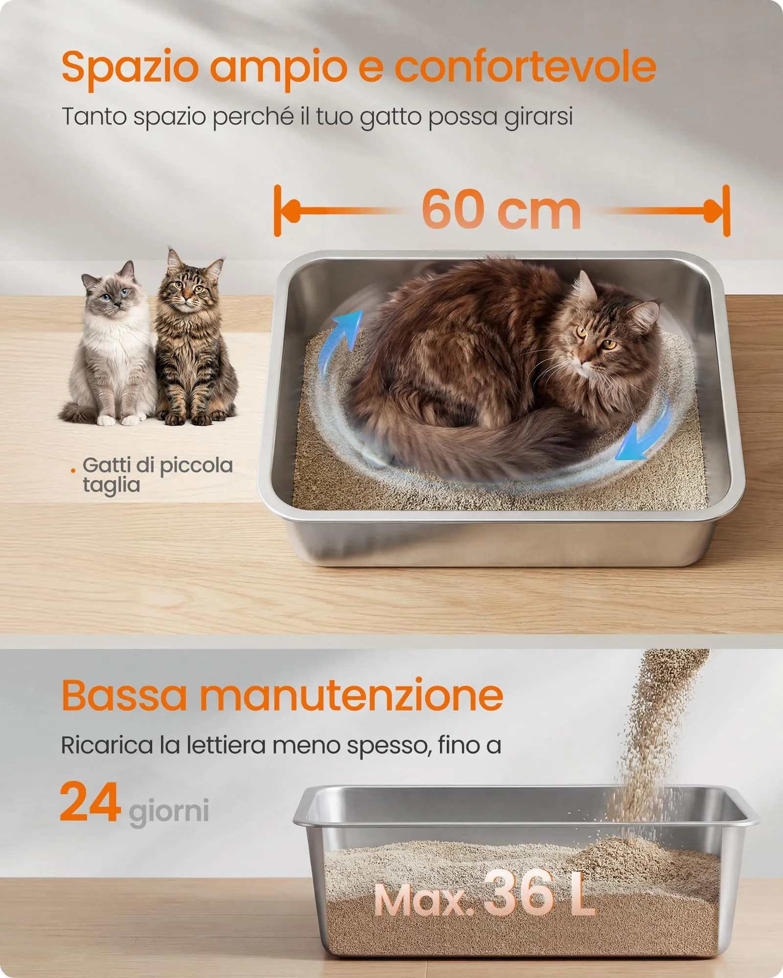 Feandrea Lettiera per Gatti in Acciaio Inox, Vaschetta Aperta con Paletta - immagine 4