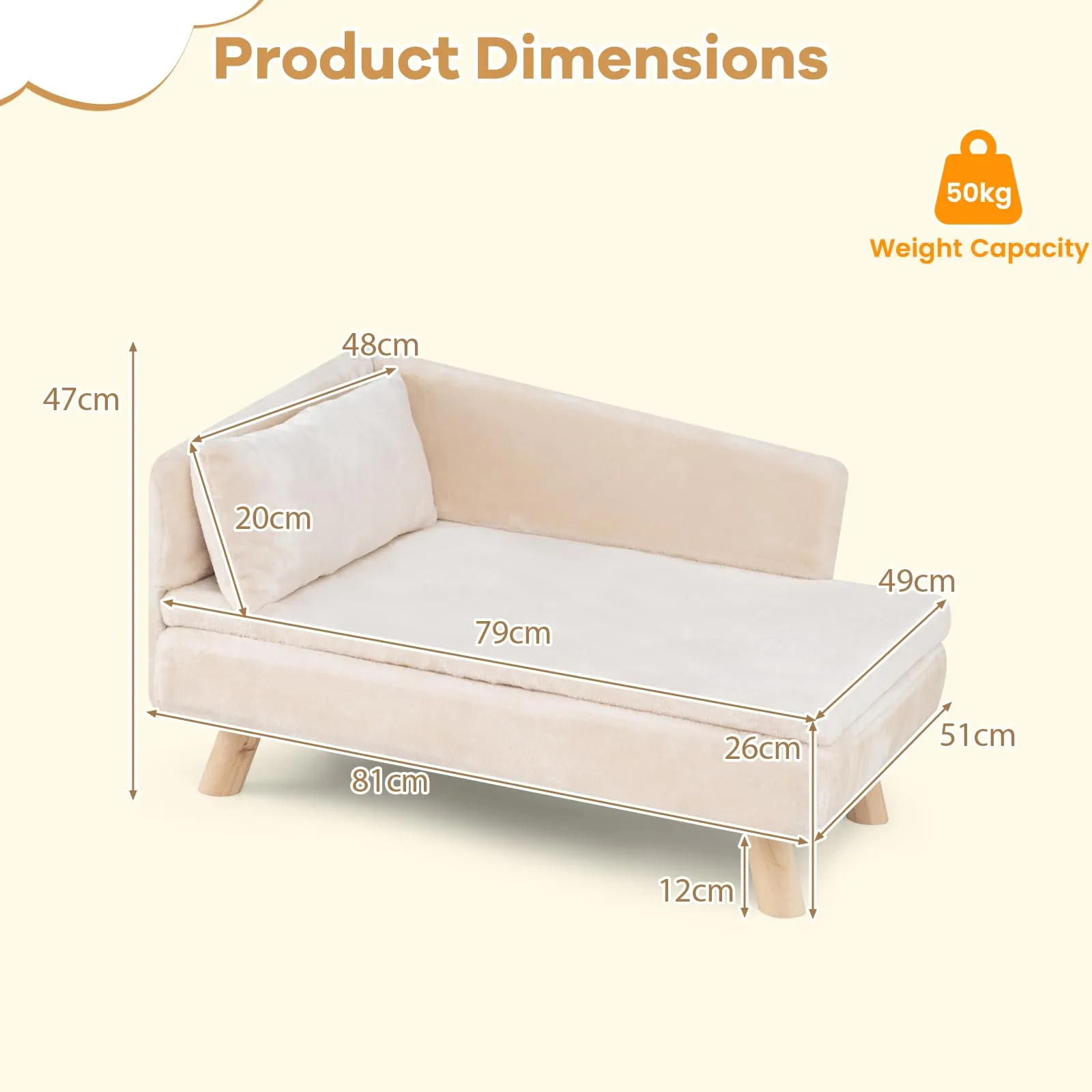 SOARS Divano per Cani con Schienale e Cuscino, 81 x 51 x 47 cm, Beige - immagine 3