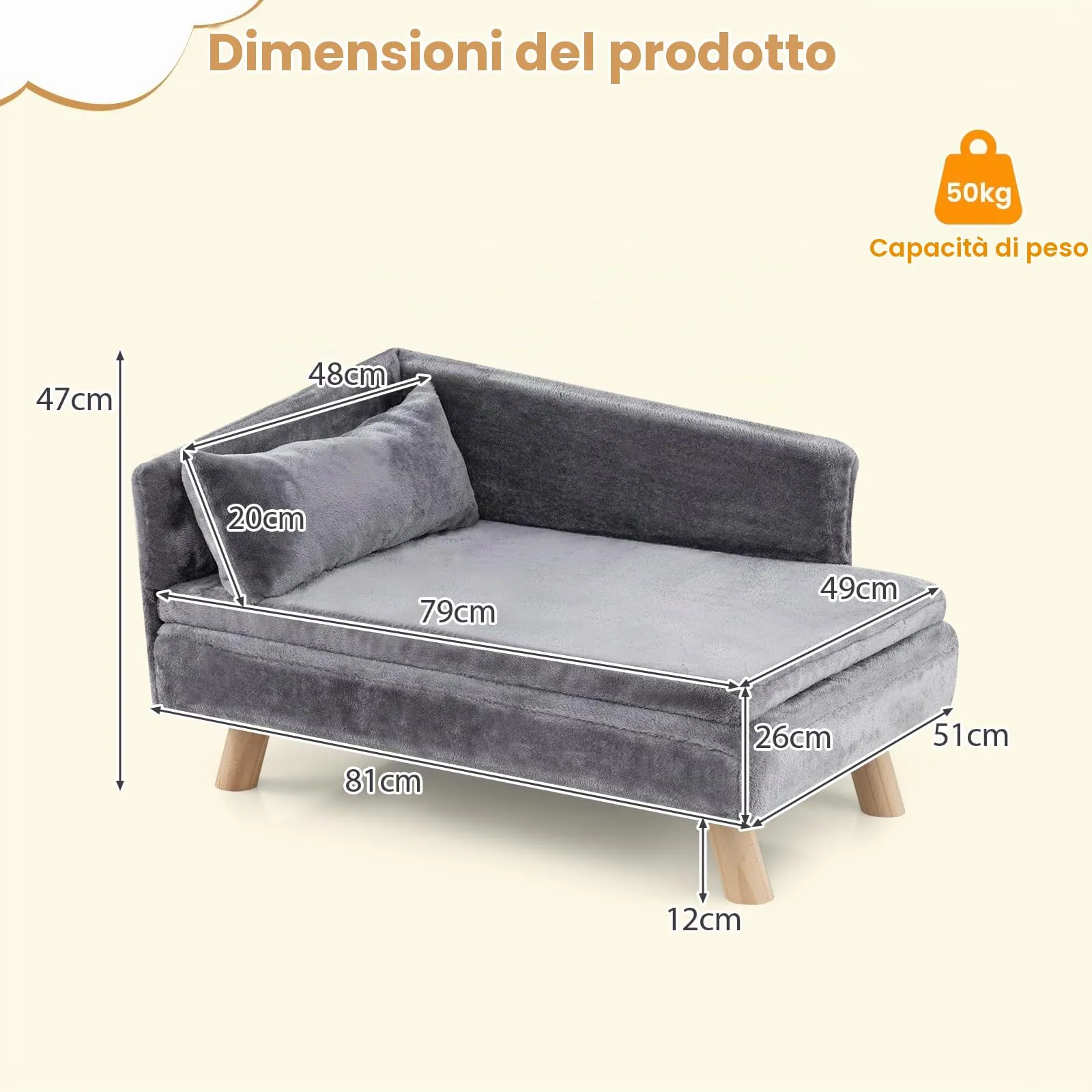 SOARS Divano per Cani con Schienale e Cuscino, 81 x 51 x 47 cm, Grigio - immagine 3