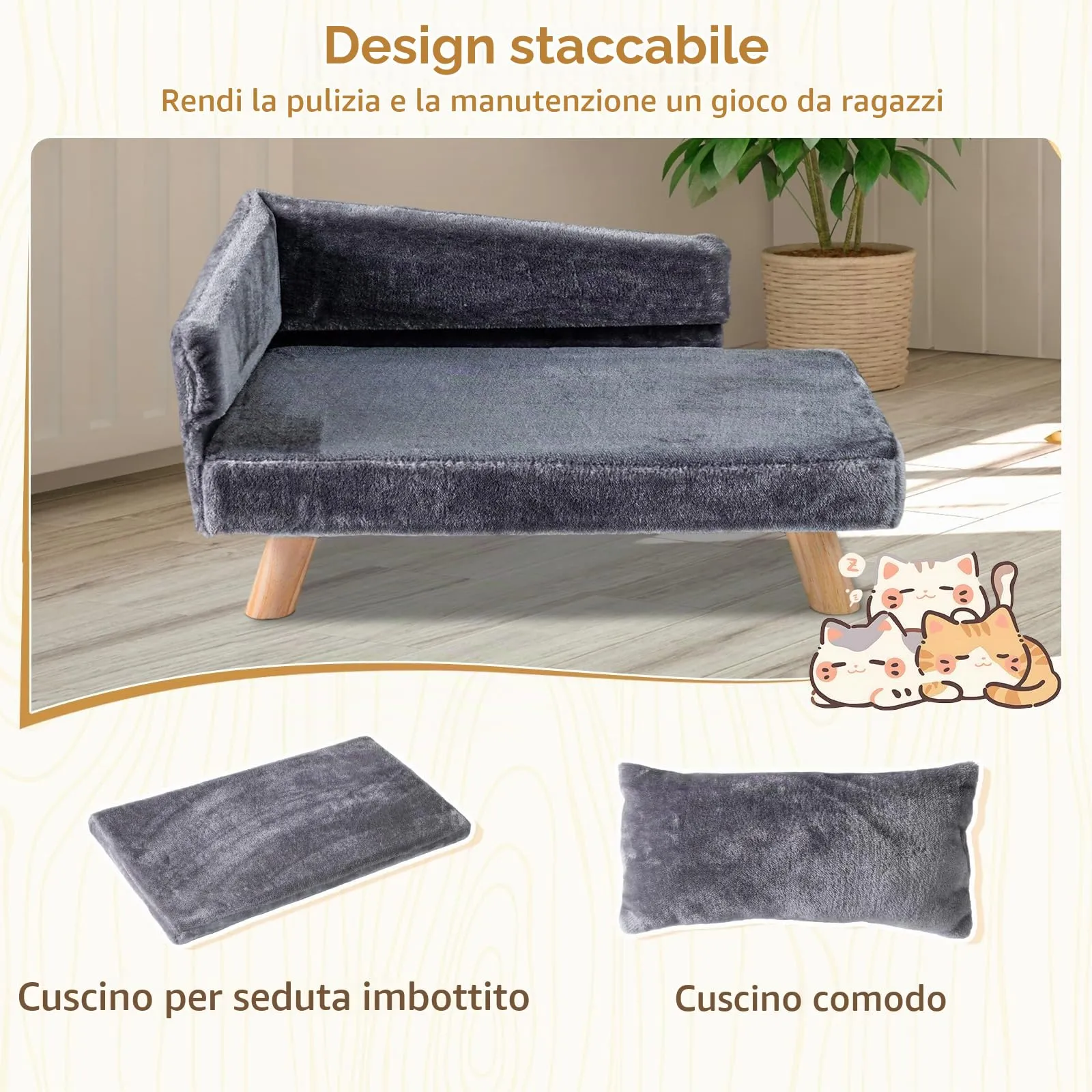 SOARS Divano per Cani con Schienale e Cuscino, 81 x 51 x 47 cm, Grigio - immagine 5