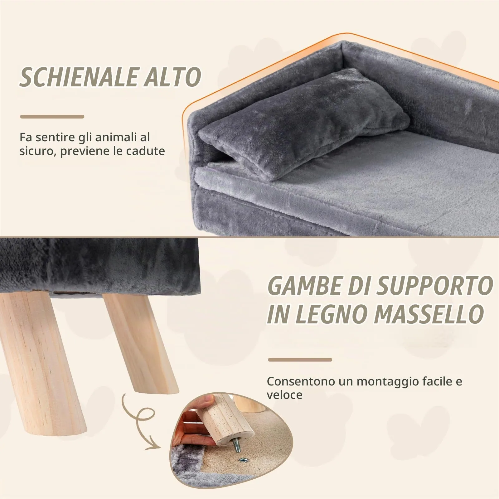 SOARS Divano per Cani con Schienale e Cuscino, 81 x 51 x 47 cm, Grigio - immagine 6