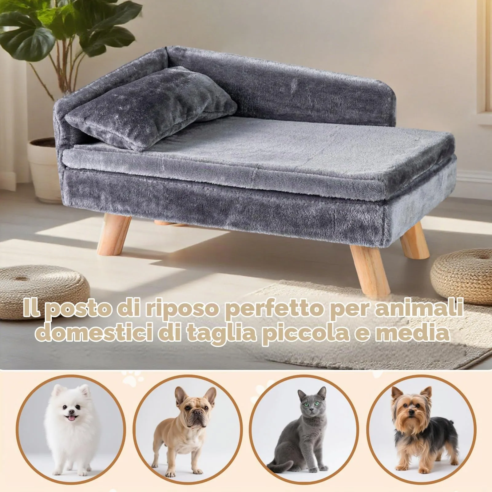 SOARS Divano per Cani con Schienale e Cuscino, 81 x 51 x 47 cm, Grigio - immagine 7