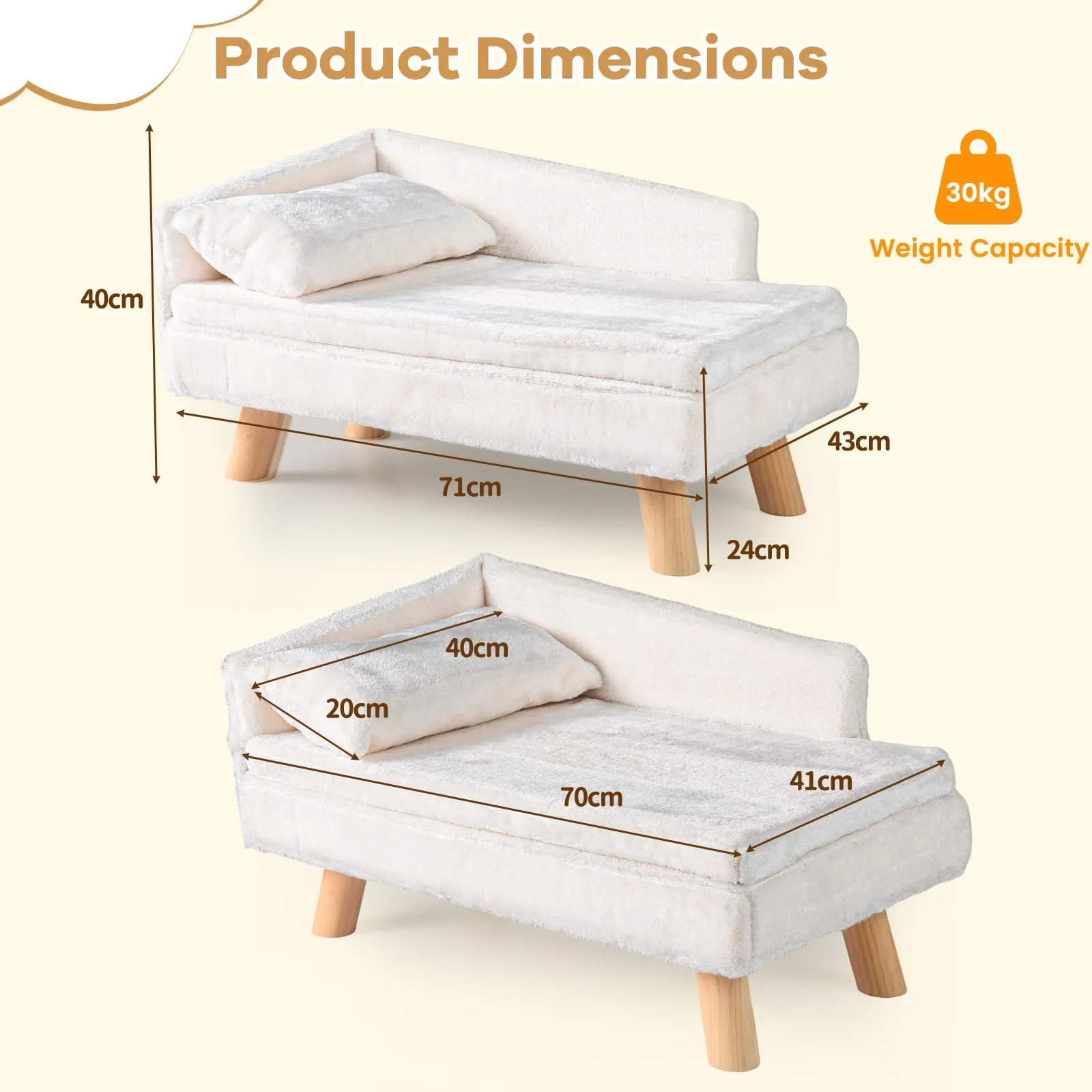 SOARS Divano per Cani con Schienale e Cuscino, 71 x 43 x 40 cm, Beige - immagine 3