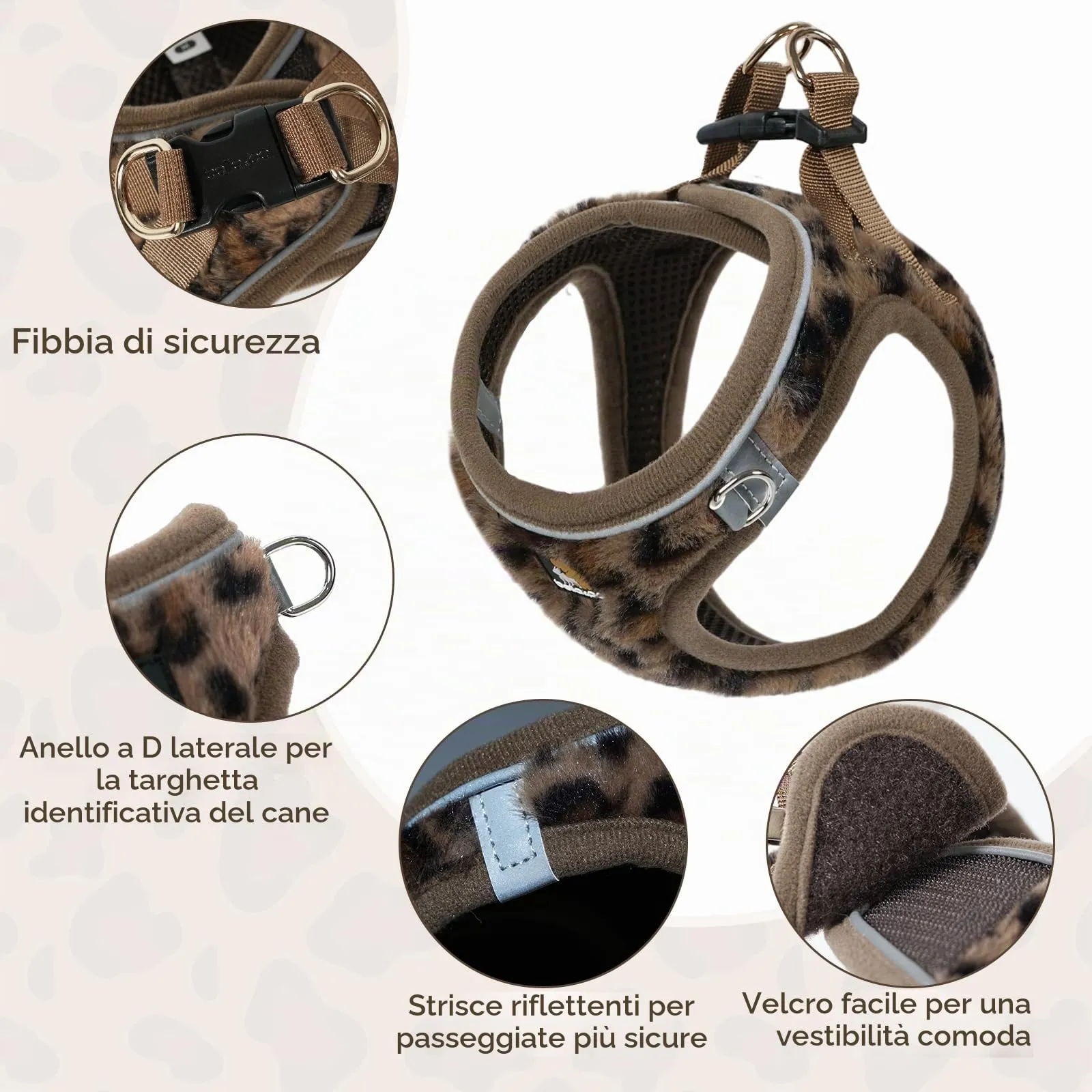 BELLA & PAL Pettorina Cane Taglia Piccola, Pettorine per Cuccioli con Guinzaglio, Step In | Riflettente| in Morbido Peluche, Imbracatura per Cani Piccoli, Marrone Leopardo, XXS - immagine 2