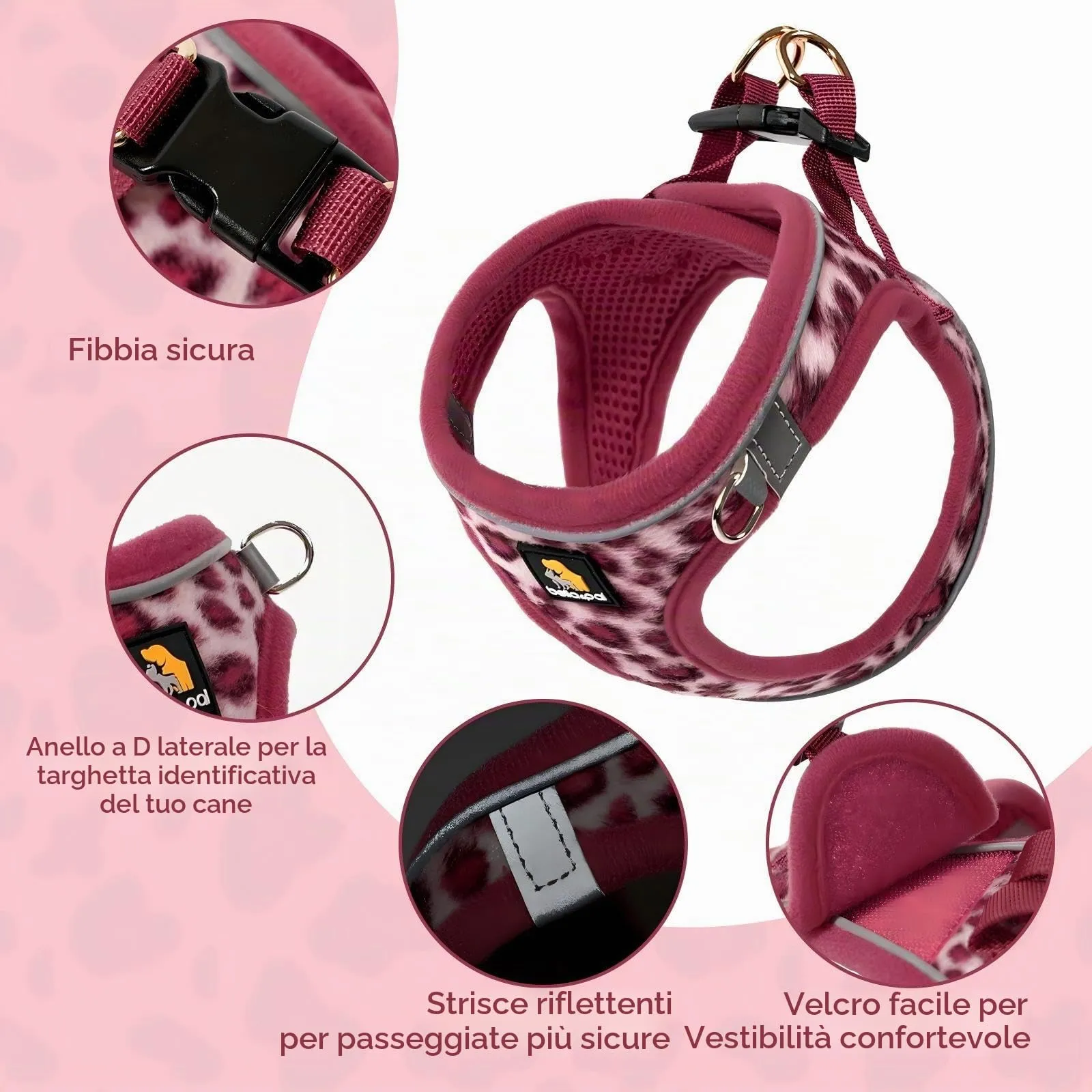 BELLA & PAL Pettorina Cane Taglia Piccola, Pettorine per Cuccioli con Guinzaglio, Step In | Riflettente| in Morbido Peluche, Imbracatura per Cani Piccoli, Rosa Leopardo, M - immagine 2