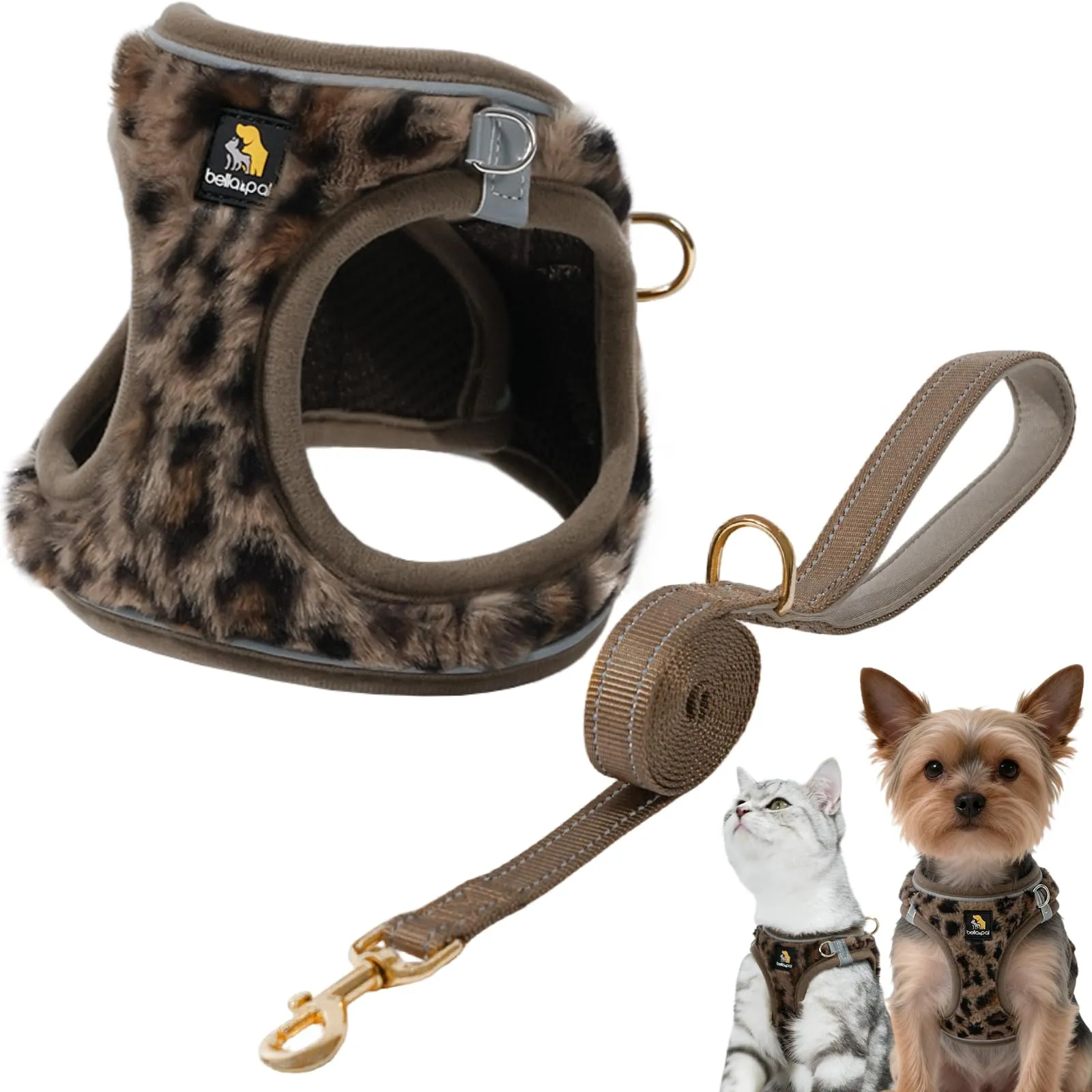 BELLA & PAL Pettorina Cane Taglia Piccola, Pettorine per Cuccioli con Guinzaglio, Step In | Riflettente| in Morbido Peluche, Imbracatura per Cani Piccoli, Marrone Leopardo, XS - immagine 1