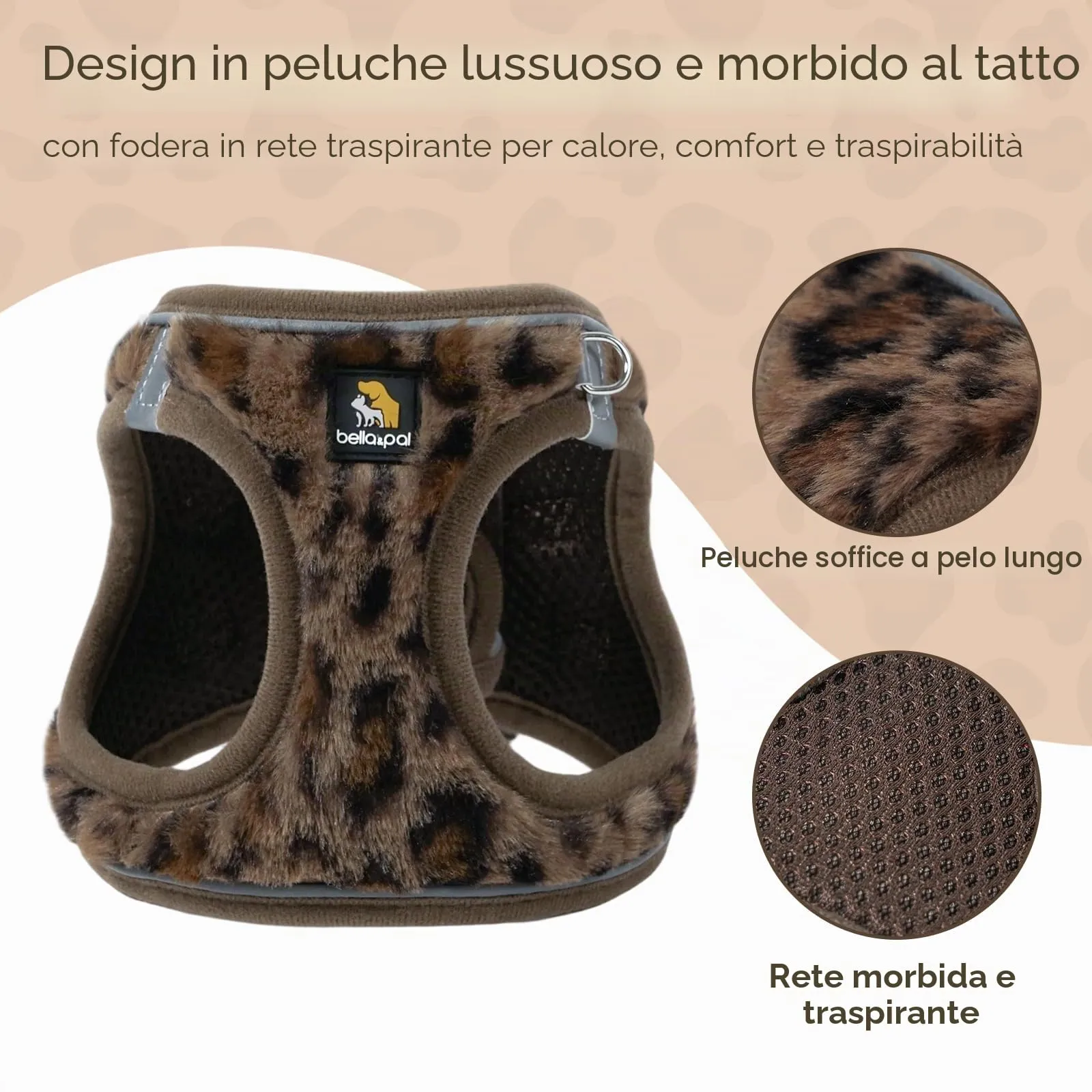 BELLA & PAL Pettorina Cane Taglia Piccola, Pettorine per Cuccioli con Guinzaglio, Step In | Riflettente| in Morbido Peluche, Imbracatura per Cani Piccoli, Marrone Leopardo, XS - immagine 3