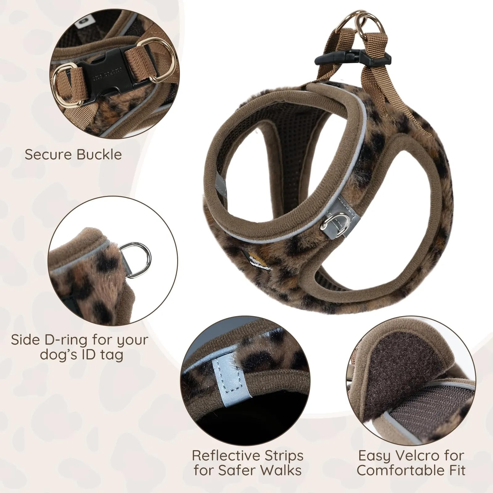 BELLA & PAL Pettorina Cane Taglia Piccola, Pettorine per Cuccioli con Guinzaglio, Step In | Riflettente| in Morbido Peluche, Imbracatura per Cani Piccoli, Marrone Leopardo, L - immagine 2