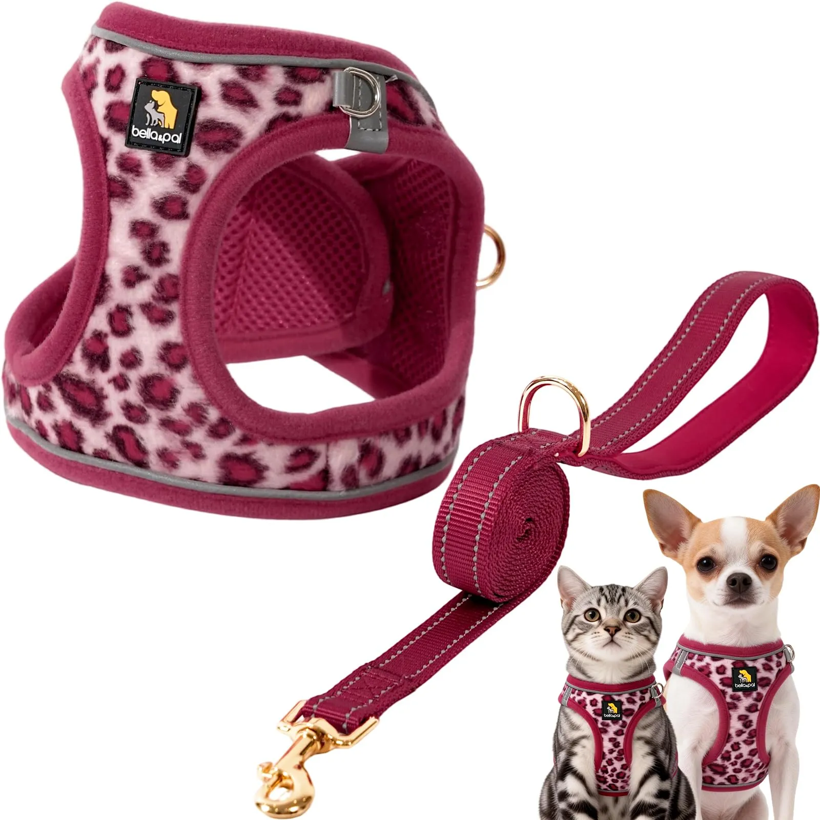 BELLA & PAL Pettorina Cane Taglia Piccola, Pettorine per Cuccioli con Guinzaglio, Step In | Riflettente| in Morbido Peluche, Imbracatura per Cani Piccoli, Rosa Leopardo, L - immagine 1