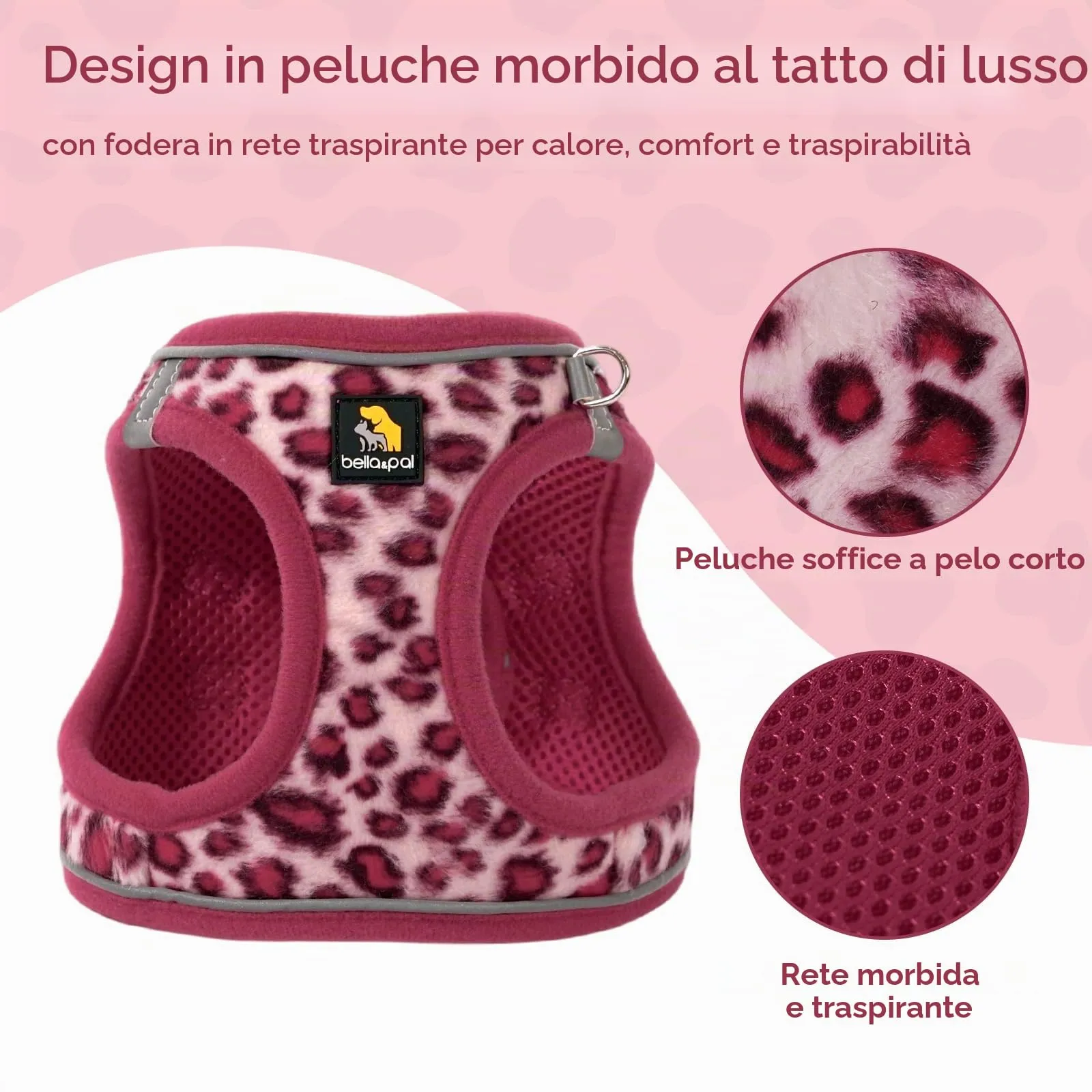BELLA & PAL Pettorina Cane Taglia Piccola, Pettorine per Cuccioli con Guinzaglio, Step In | Riflettente| in Morbido Peluche, Imbracatura per Cani Piccoli, Rosa Leopardo, L - immagine 3