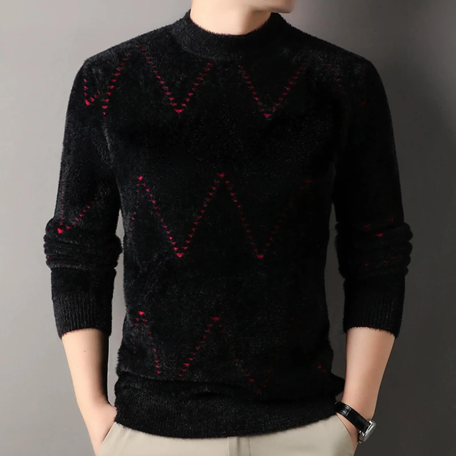 Argyle - Maglione da uomo con motivo a rombi, in jacquard, con scollo rotondo, invernale, lavorato a maglia, da lavoro, leggero, S2 rosso, XXL - immagine 2