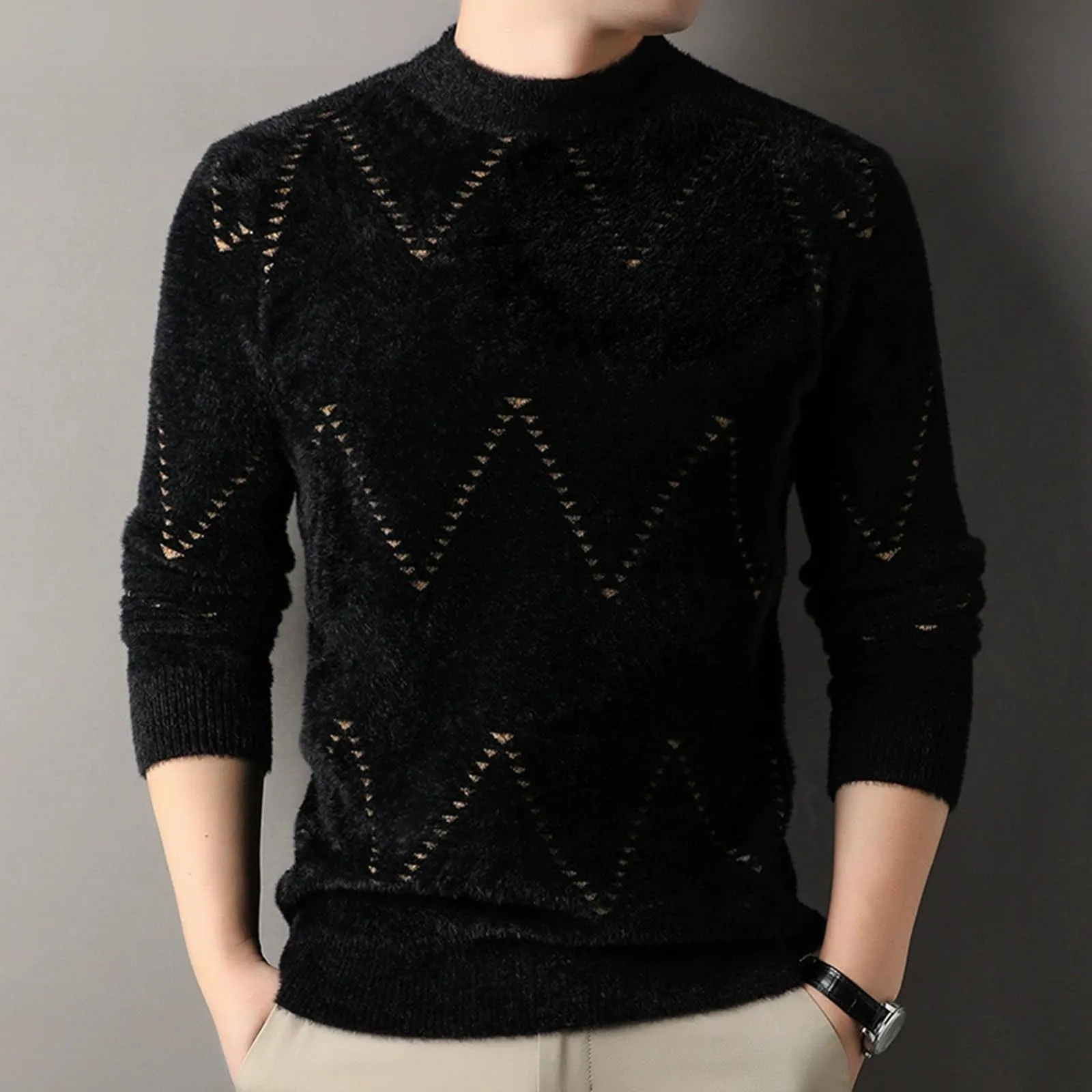 Argyle - Maglione da uomo con motivo a rombi, in jacquard, con scollo rotondo, invernale, lavorato a maglia, da lavoro, leggero, S2 Giallo, M - immagine 2