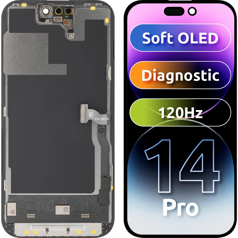 Display con Touchscreen MP compatibile con Apple iPhone 14 Pro, con Cornice, Versione Soft OLED FHD 120Hz Diagnostic, Nero - immagine 1