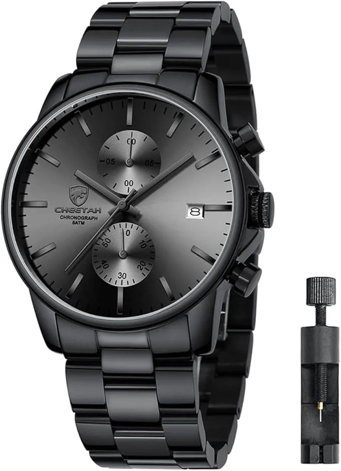 Affute Orologi da uomo in acciaio inox e metallo, stile casual, impermeabile, cronografo al quarzo, data automatica, lancette colorate - Nero grigio - immagine 1