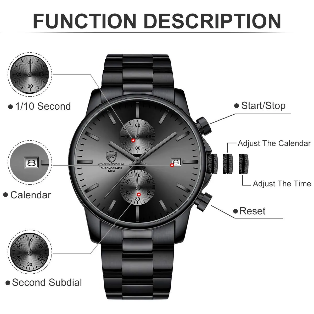 Affute Orologi da uomo in acciaio inox e metallo, stile casual, impermeabile, cronografo al quarzo, data automatica, lancette colorate - Nero grigio - immagine 4