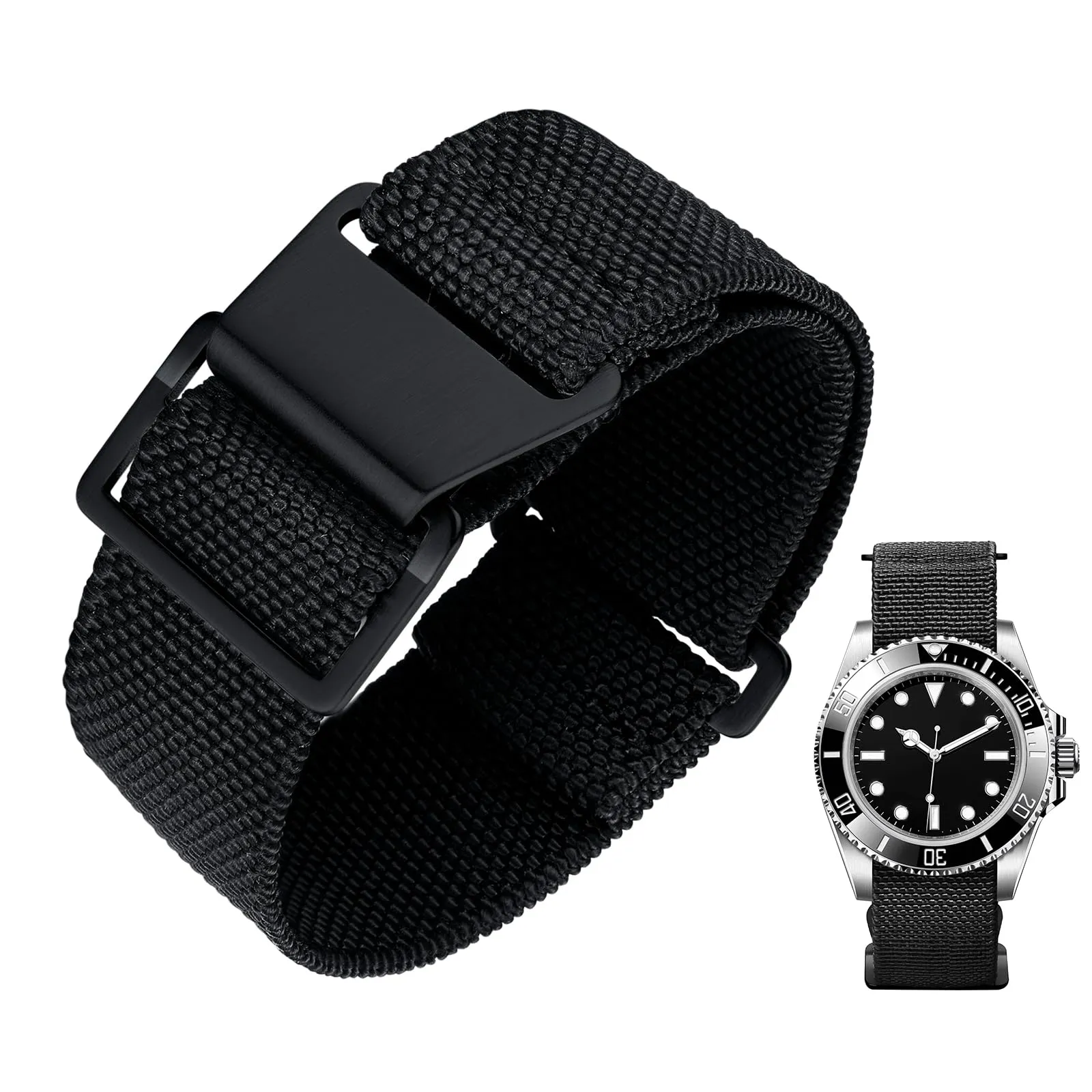 BINLUN Cinturino per Orologio in Nylon Elastico di Ricambio Militare Cinturino a Strappo Paracadute Marina Nazionale per Uomo Donna Fibbia Nero/Argento 18/20/22mm - immagine 1