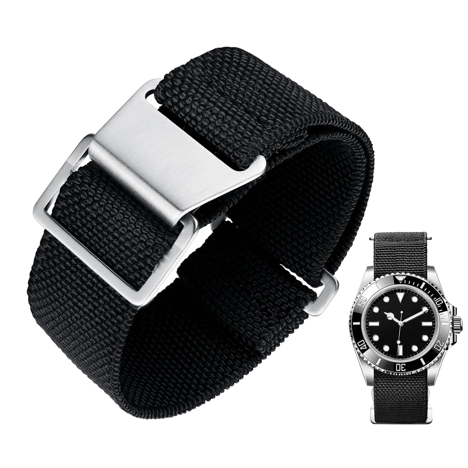 BINLUN Cinturino per Orologio in Nylon Elastico di Ricambio Militare Cinturino a Strappo Paracadute Marina Nazionale per Uomo Donna Fibbia Nero/Argento 18/20/22mm - immagine 1
