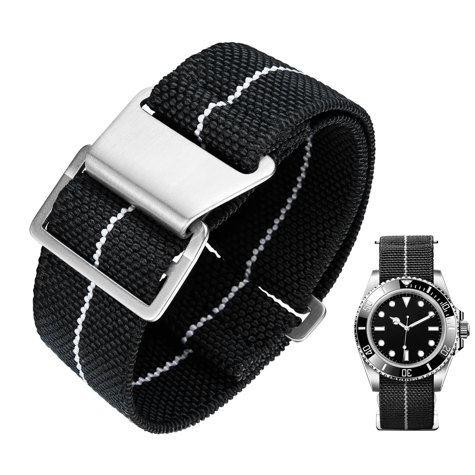BINLUN Cinturino per Orologio in Nylon Elastico di Ricambio Militare Cinturino a Strappo Paracadute Marina Nazionale per Uomo Donna Fibbia Nero/Argento 18/20/22mm - immagine 1